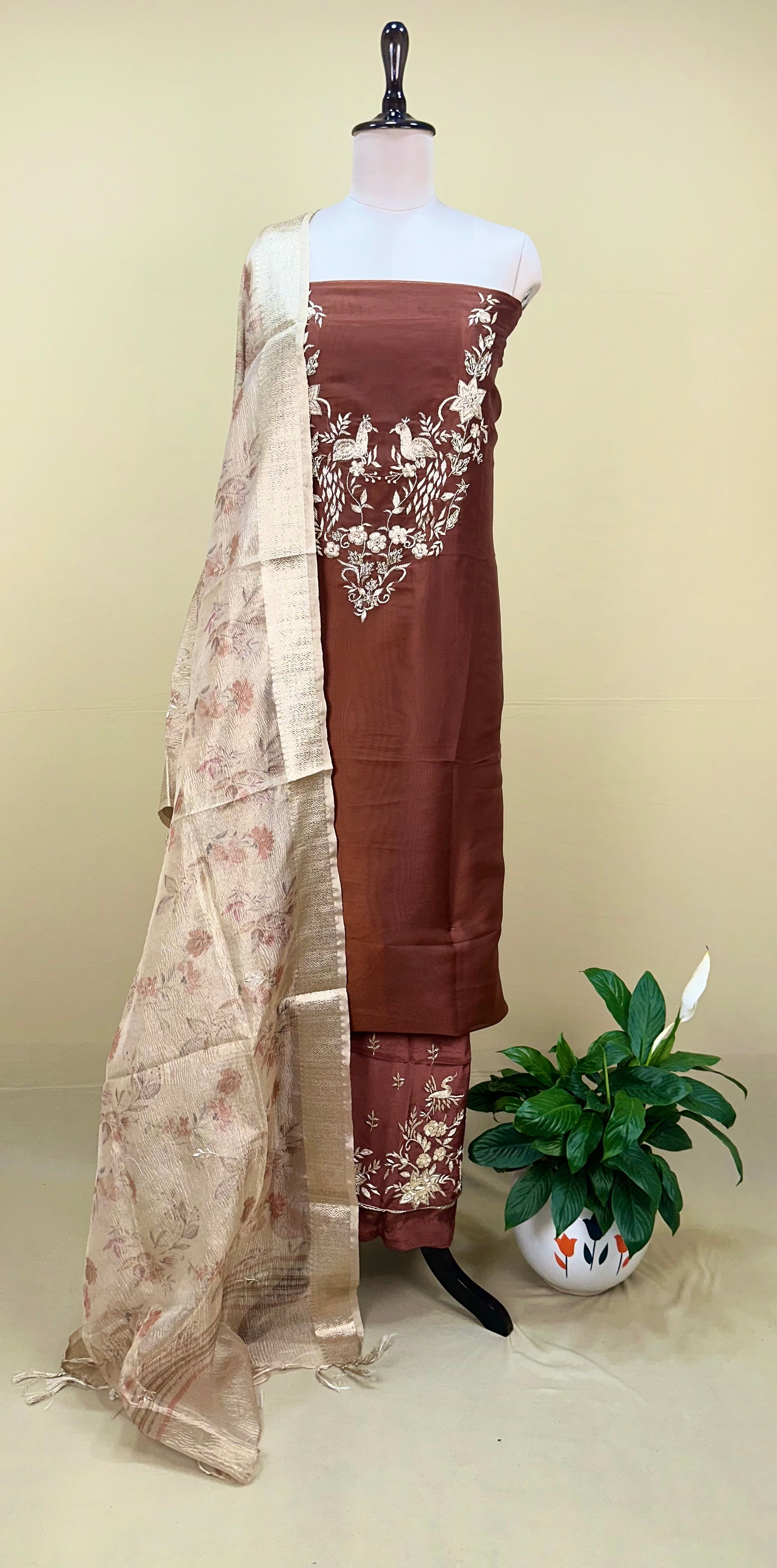 Brown Pure Organza Traditional Indian Zardozi Hand Embroidery Work Often Used For Ethnic Wear Unstitched Suit