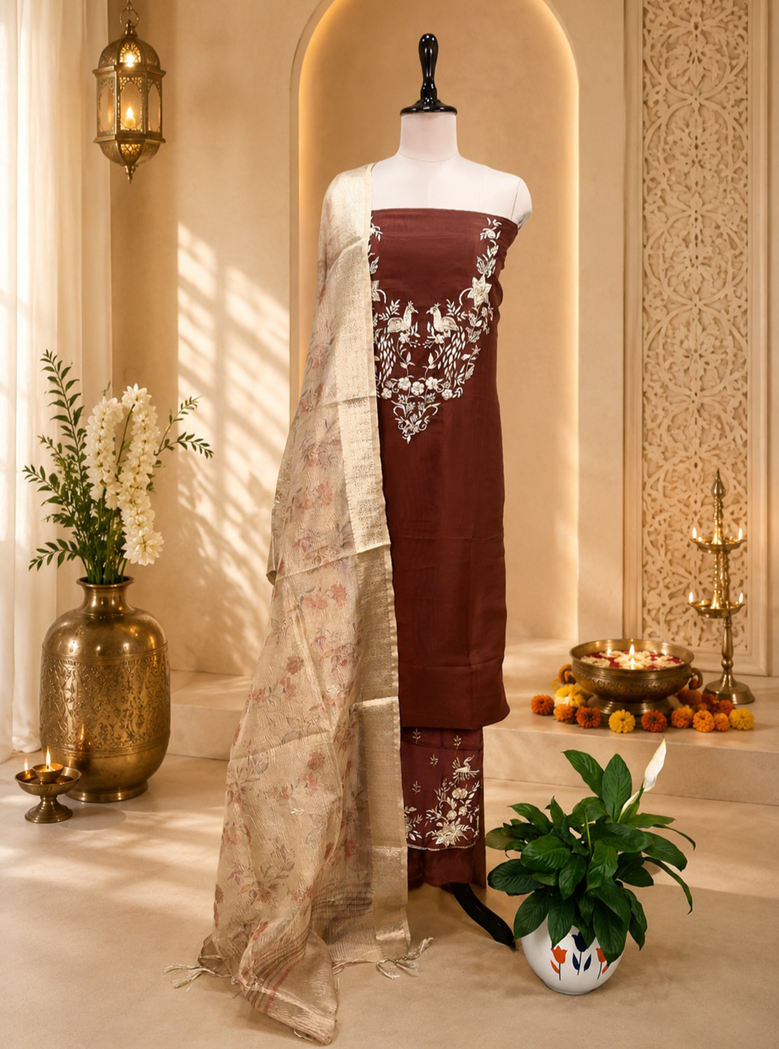 Brown Pure Organza Traditional Indian Zardozi Hand Embroidery Work Often Used For Ethnic Wear Unstitched Suit