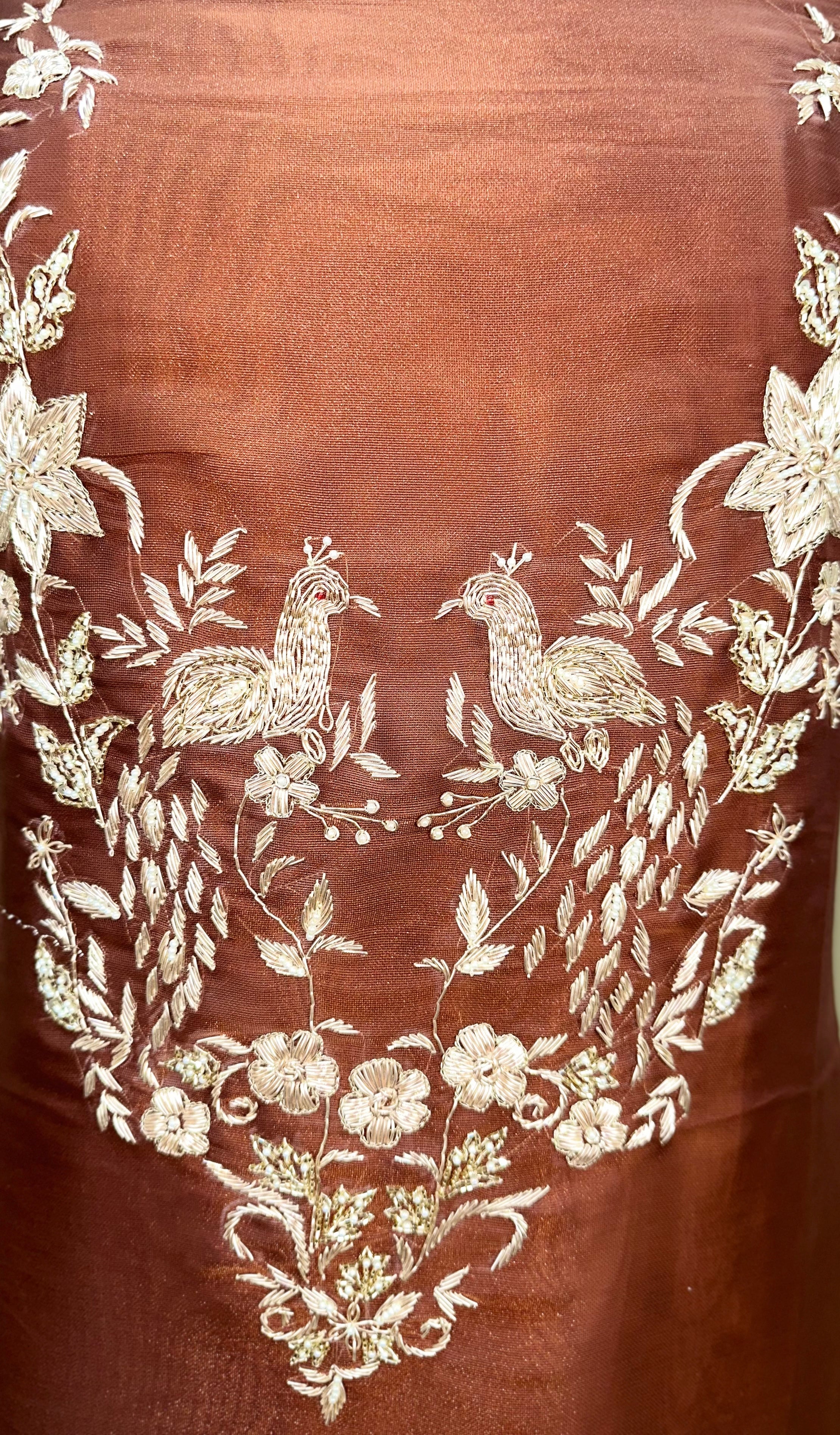 Brown Pure Organza Traditional Indian Zardozi Hand Embroidery Work Often Used For Ethnic Wear Unstitched Suit