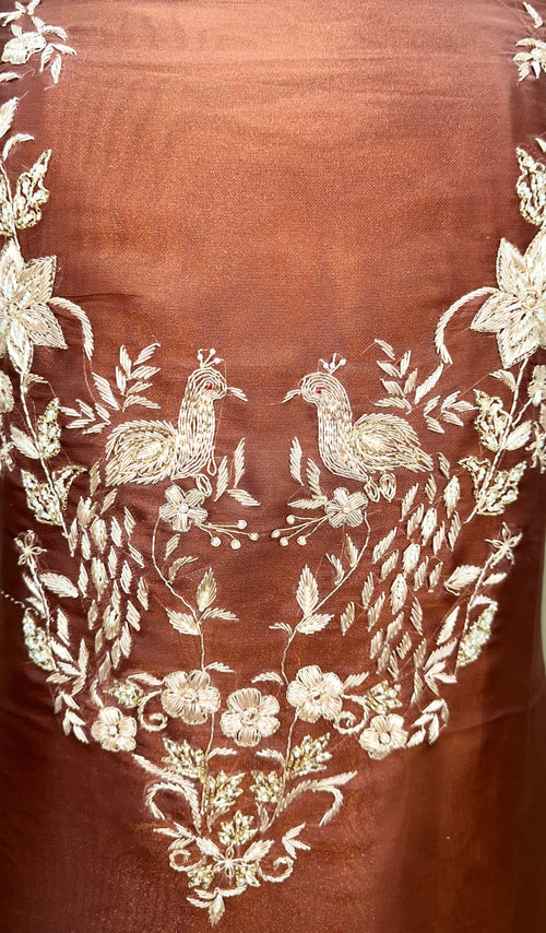 Brown Pure Organza Traditional Indian Zardozi Hand Embroidery Work Often Used For Ethnic Wear Unstitched Suit