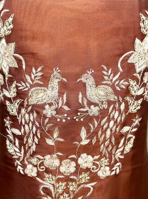 Brown Pure Organza Traditional Indian Zardozi Hand Embroidery Work Often Used For Ethnic Wear Unstitched Suit