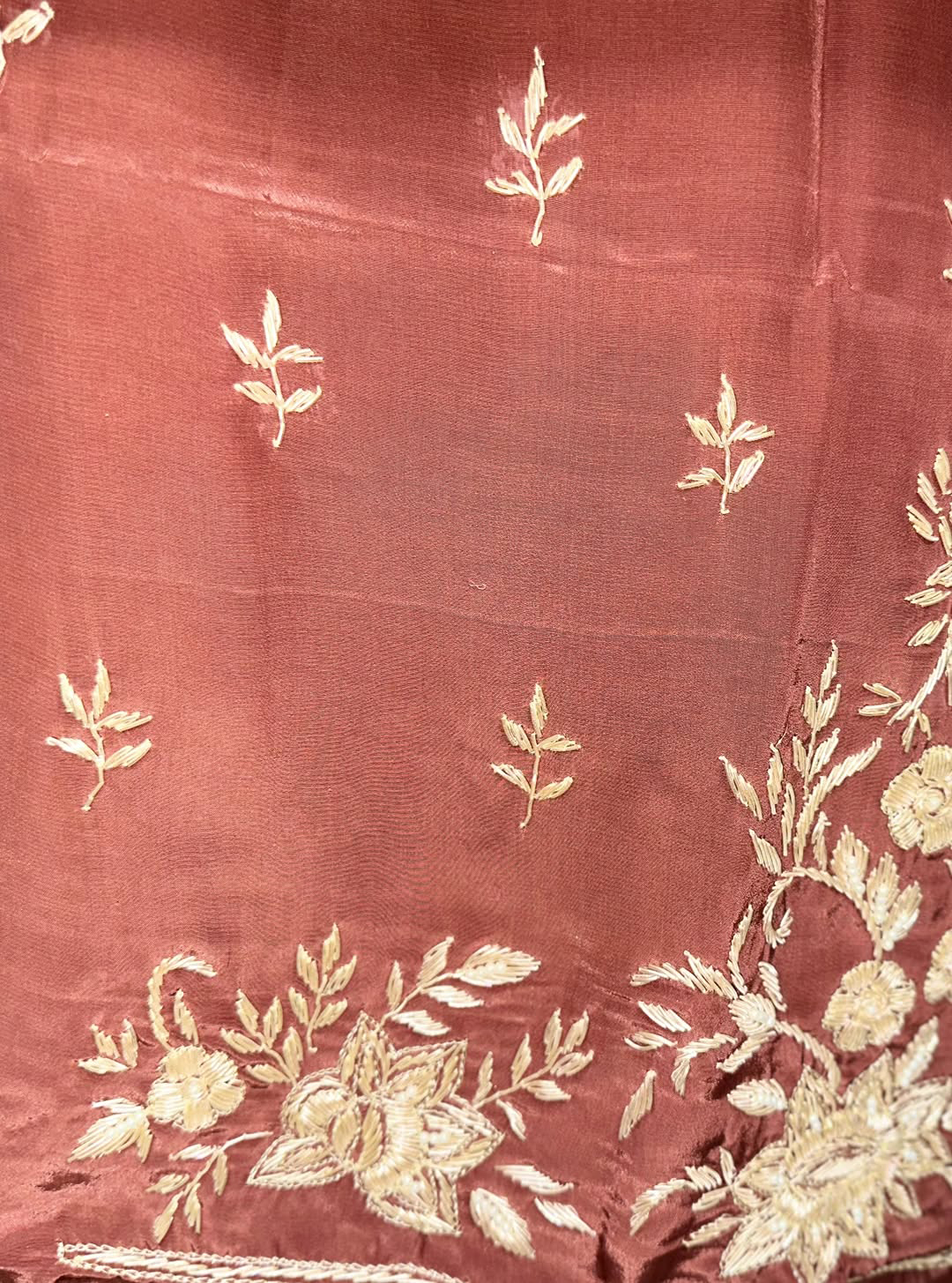 Brown Pure Organza Traditional Indian Zardozi Hand Embroidery Work Often Used For Ethnic Wear Unstitched Suit