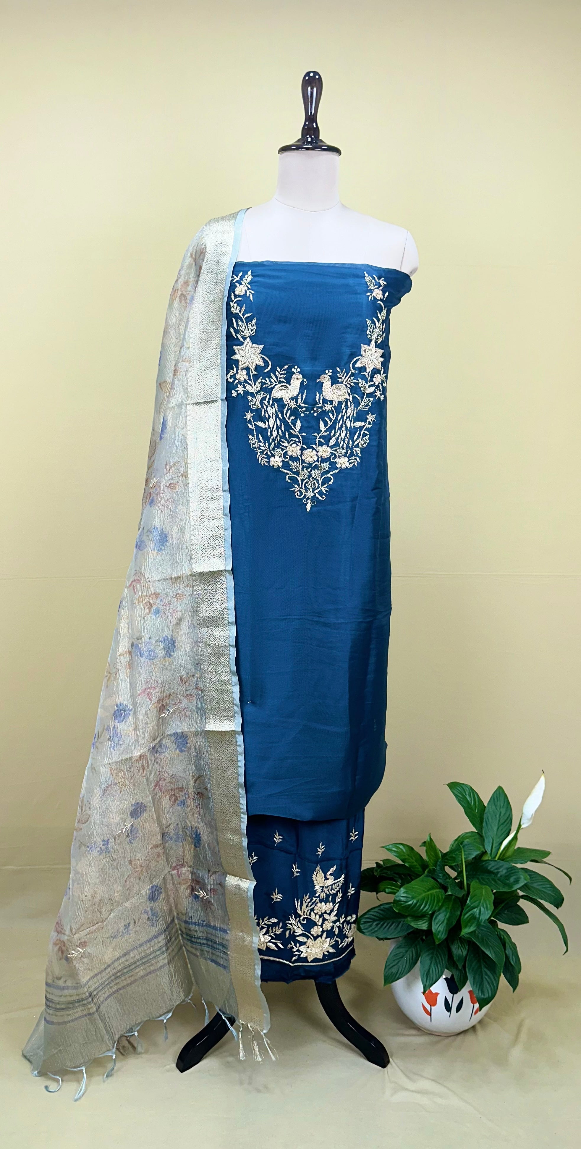Blue Pure Organza Traditional Indian Zardozi Hand Embroidery Work Often Used For Ethnic Wear Unstitched Suit