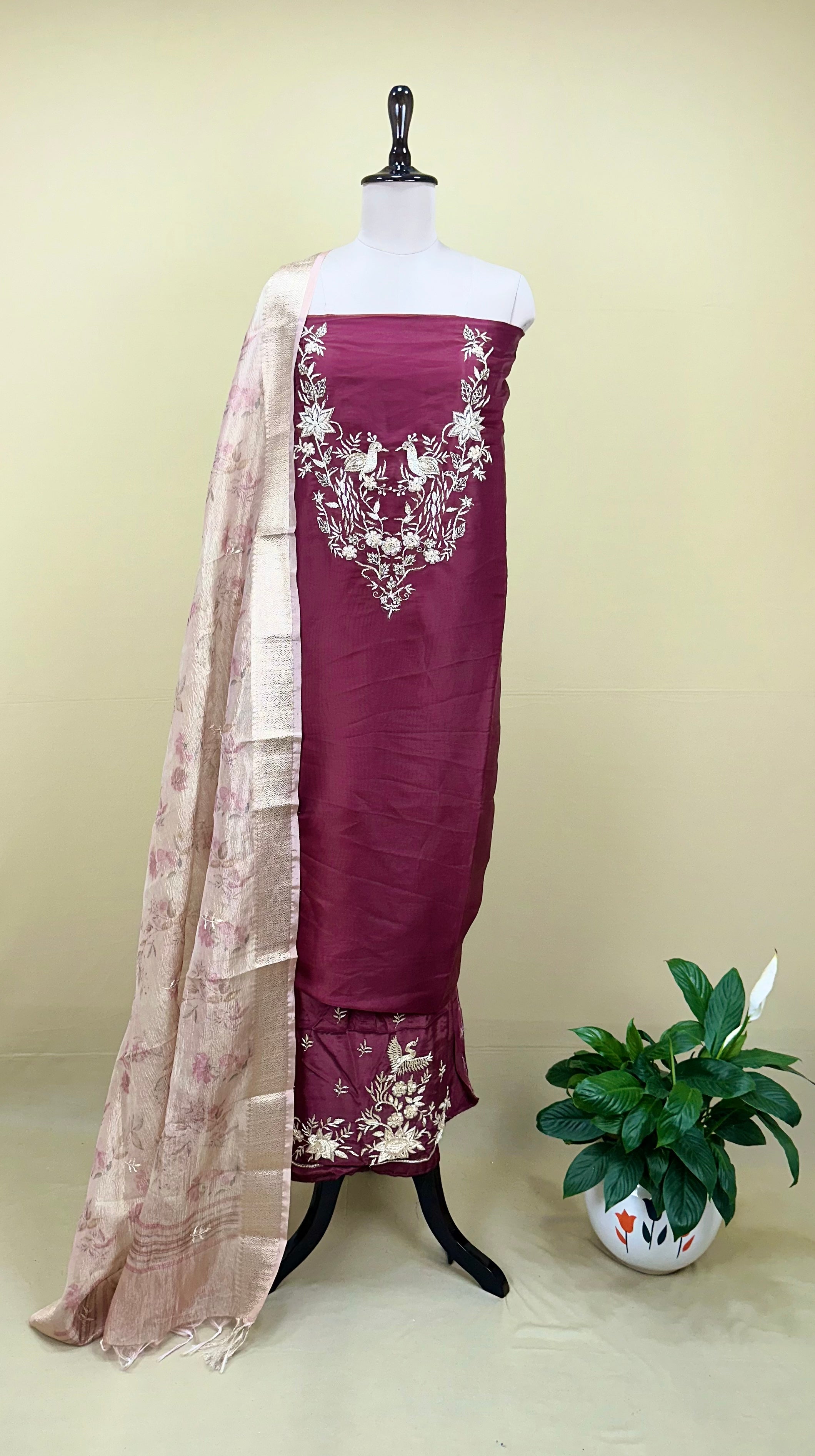 Wine Pure Organza Traditional Indian Zardozi Hand Embroidery Work Often Used For Ethnic Wear Unstitched Suit