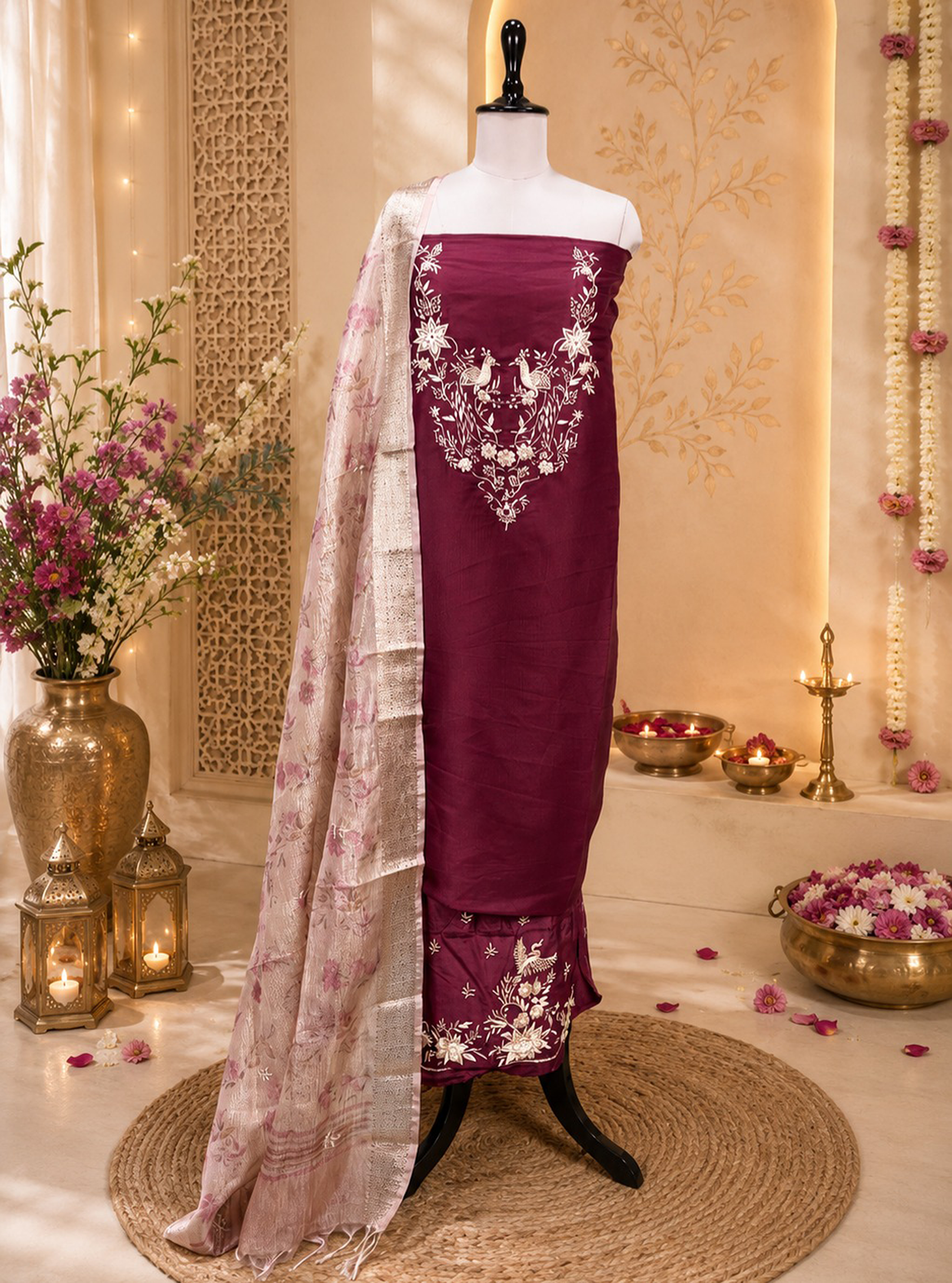 Wine Pure Organza Traditional Indian Zardozi Hand Embroidery Work Often Used For Ethnic Wear Unstitched Suit