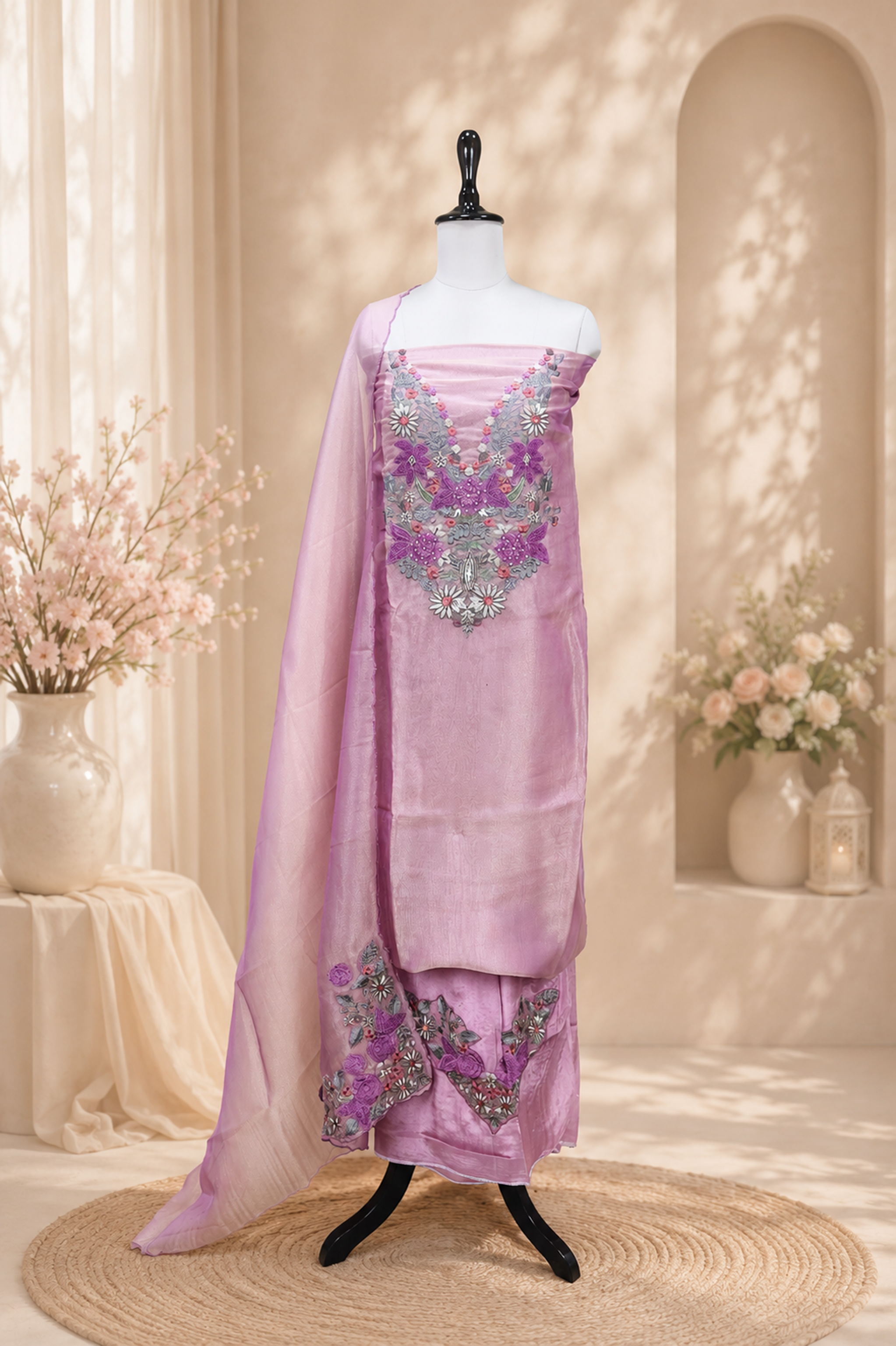 Pure Tissue Golden Pink Elegant 3D Floral Embroidery Beautifully Highlighted Applique Work Unstitched Suit