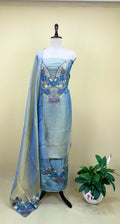 Pure Tissue Golden Grey Elegant 3D Floral Embroidery Beautifully Highlighted Applique Work Unstitched Suit