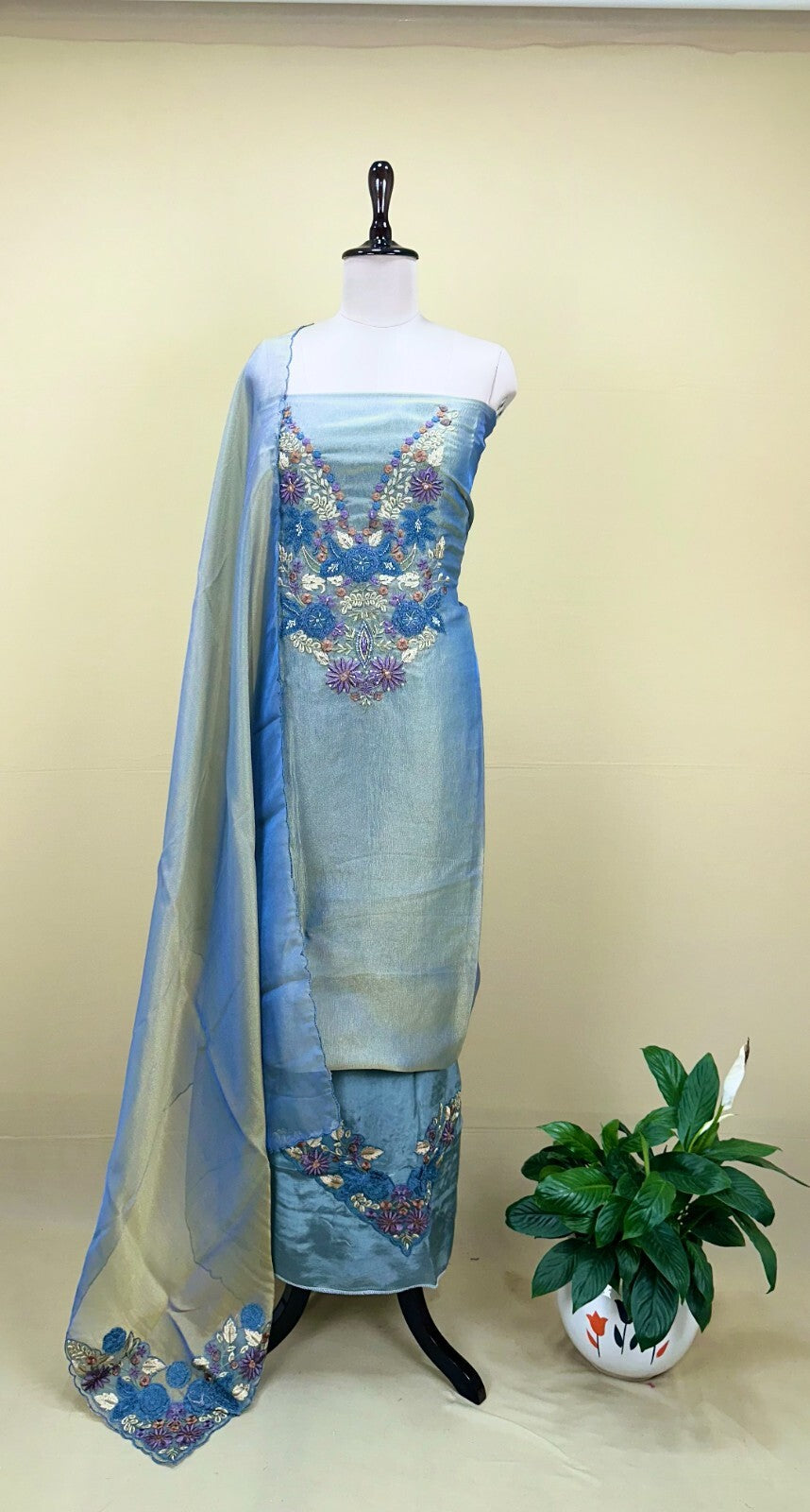 Pure Tissue Golden Grey Elegant 3D Floral Embroidery Beautifully Highlighted Applique Work Unstitched Suit