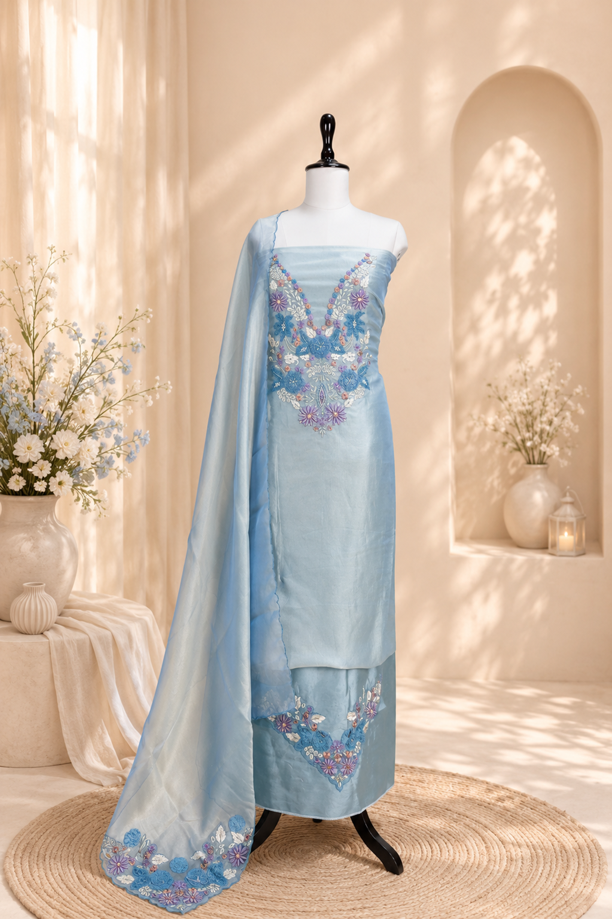 Pure Tissue Golden Grey Elegant 3D Floral Embroidery Beautifully Highlighted Applique Work Unstitched Suit