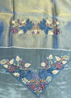 Pure Tissue Golden Grey Elegant 3D Floral Embroidery Beautifully Highlighted Applique Work Unstitched Suit