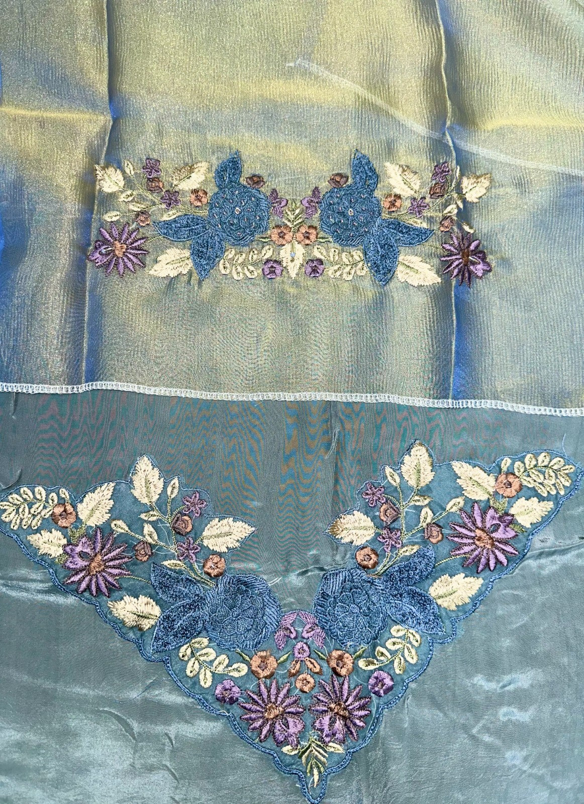 Pure Tissue Golden Grey Elegant 3D Floral Embroidery Beautifully Highlighted Applique Work Unstitched Suit
