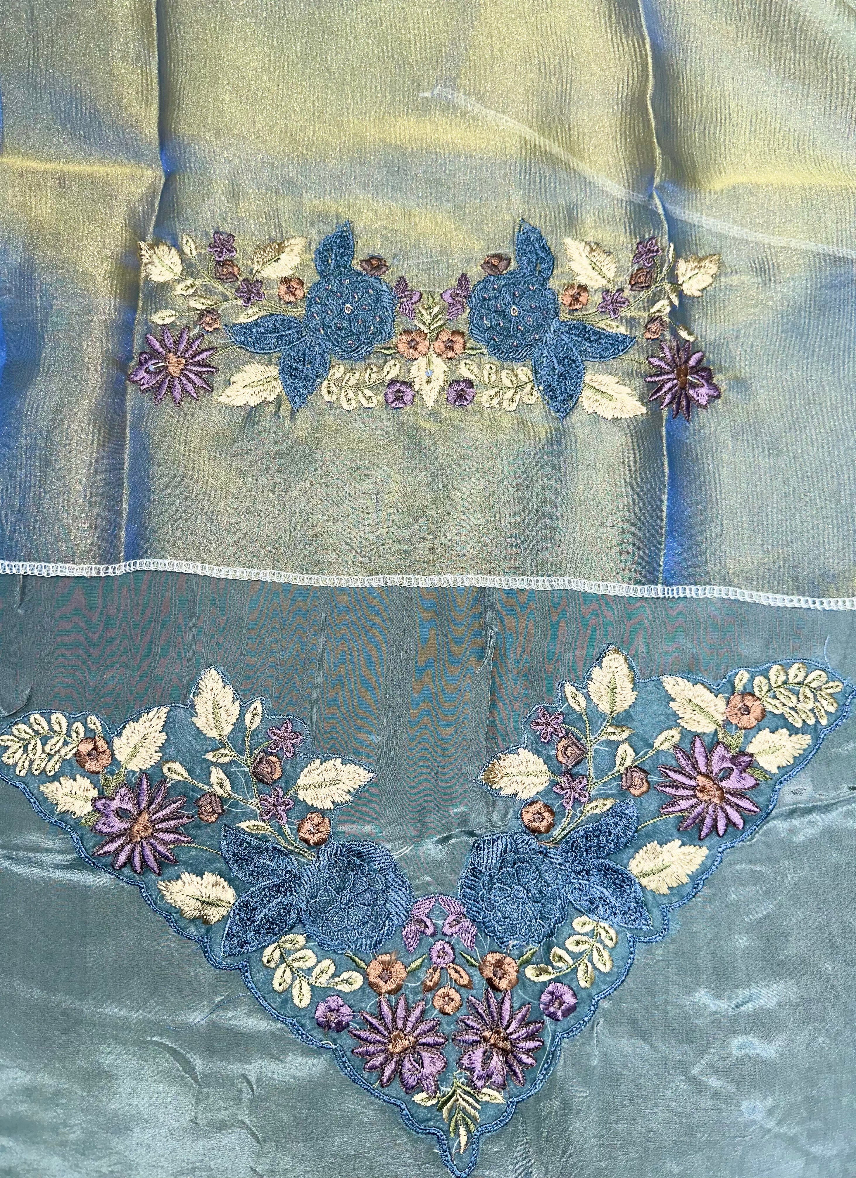 Pure Tissue Golden Grey Elegant 3D Floral Embroidery Beautifully Highlighted Applique Work Unstitched Suit