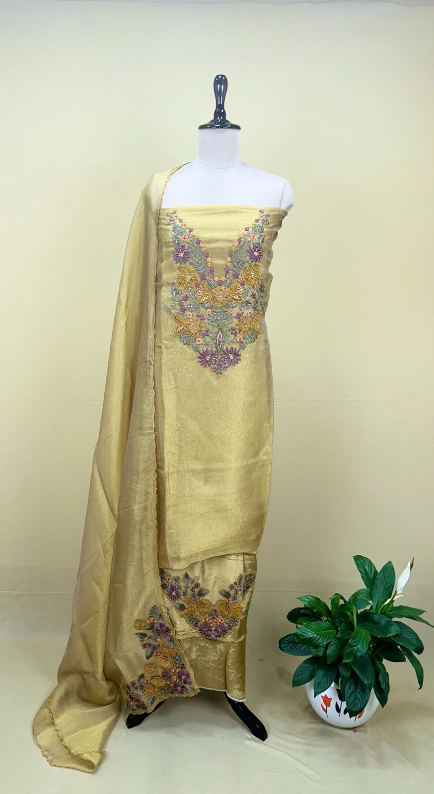 Pure Tissue Golden Yellow Elegant 3D Floral Embroidery Beautifully Highlighted Applique Work Unstitched Suit