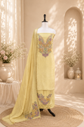 Pure Tissue Golden Yellow Elegant 3D Floral Embroidery Beautifully Highlighted Applique Work Unstitched Suit