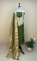 Olive Green with Zardozi, Bead, and Sequin Hand Embroidery Work Unstitched Suit - Kalamusk