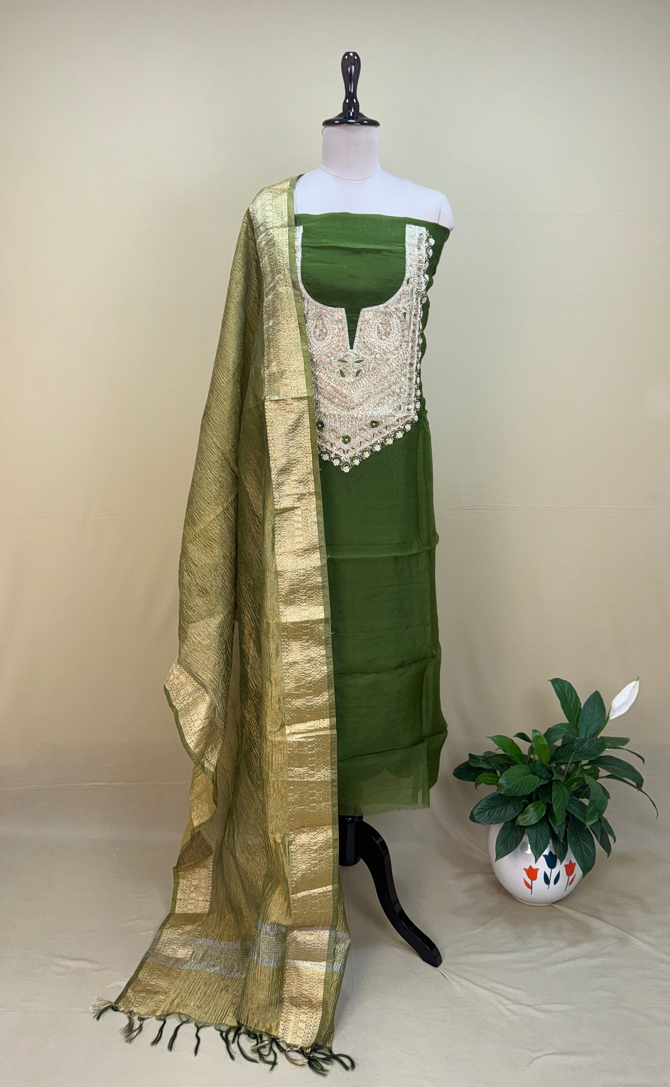 Olive Green with Zardozi, Bead, and Sequin Hand Embroidery Work Unstitched Suit - Kalamusk