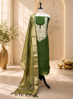 Olive Green with Zardozi, Bead, and Sequin Hand Embroidery Work Unstitched Suit