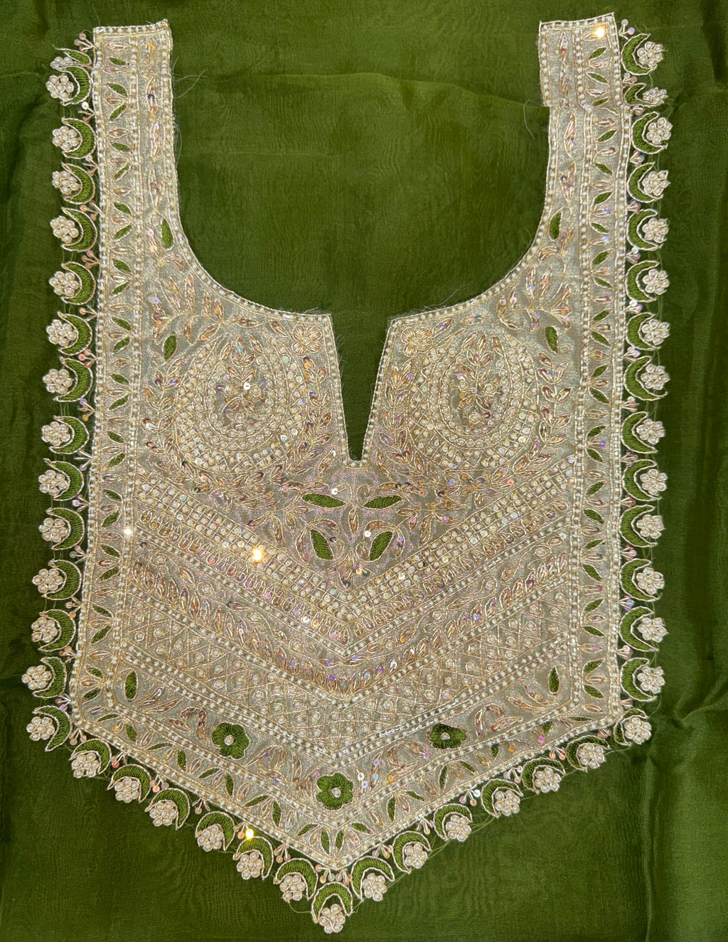 Olive Green with Zardozi, Bead, and Sequin Hand Embroidery Work Unstitched Suit - Kalamusk