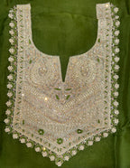 Olive Green with Zardozi, Bead, and Sequin Hand Embroidery Work Unstitched Suit - Kalamusk