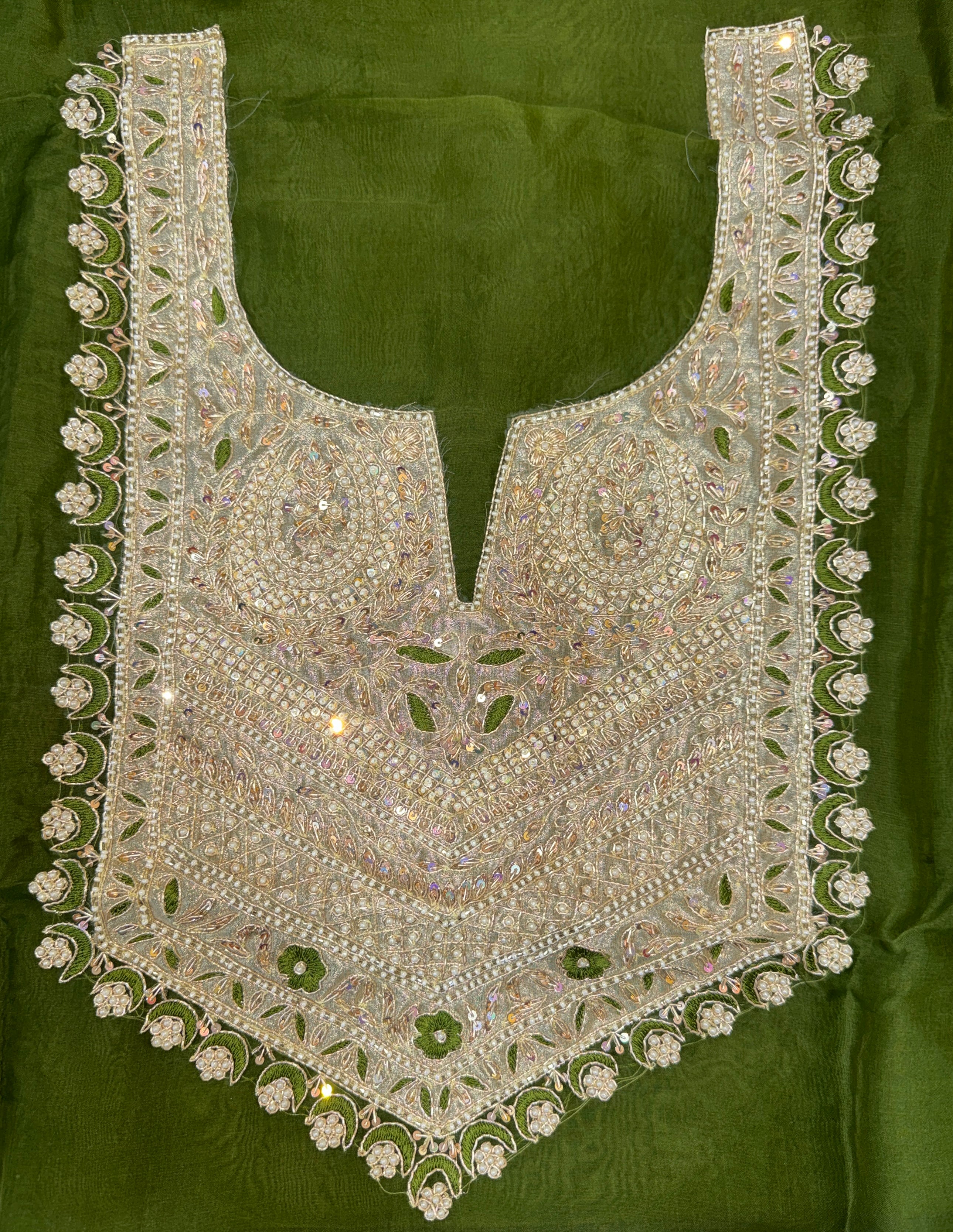 Olive Green with Zardozi, Bead, and Sequin Hand Embroidery Work Unstitched Suit - Kalamusk