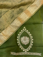 Olive Green with Zardozi, Bead, and Sequin Hand Embroidery Work Unstitched Suit - Kalamusk