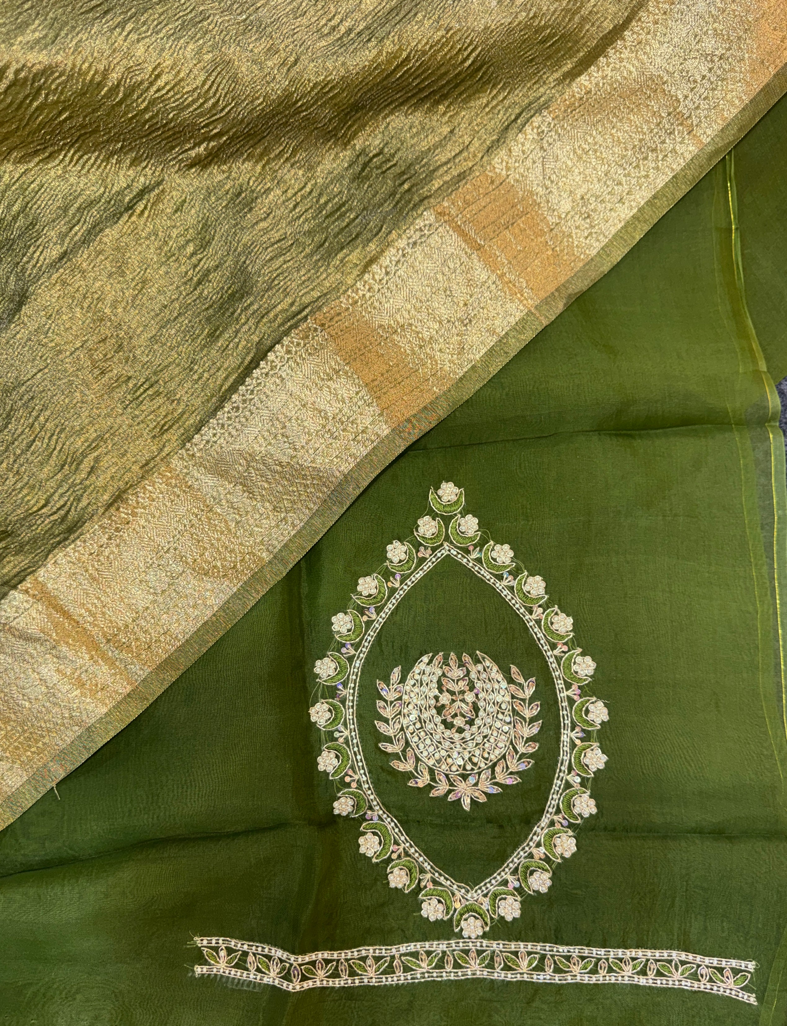 Olive Green with Zardozi, Bead, and Sequin Hand Embroidery Work Unstitched Suit - Kalamusk