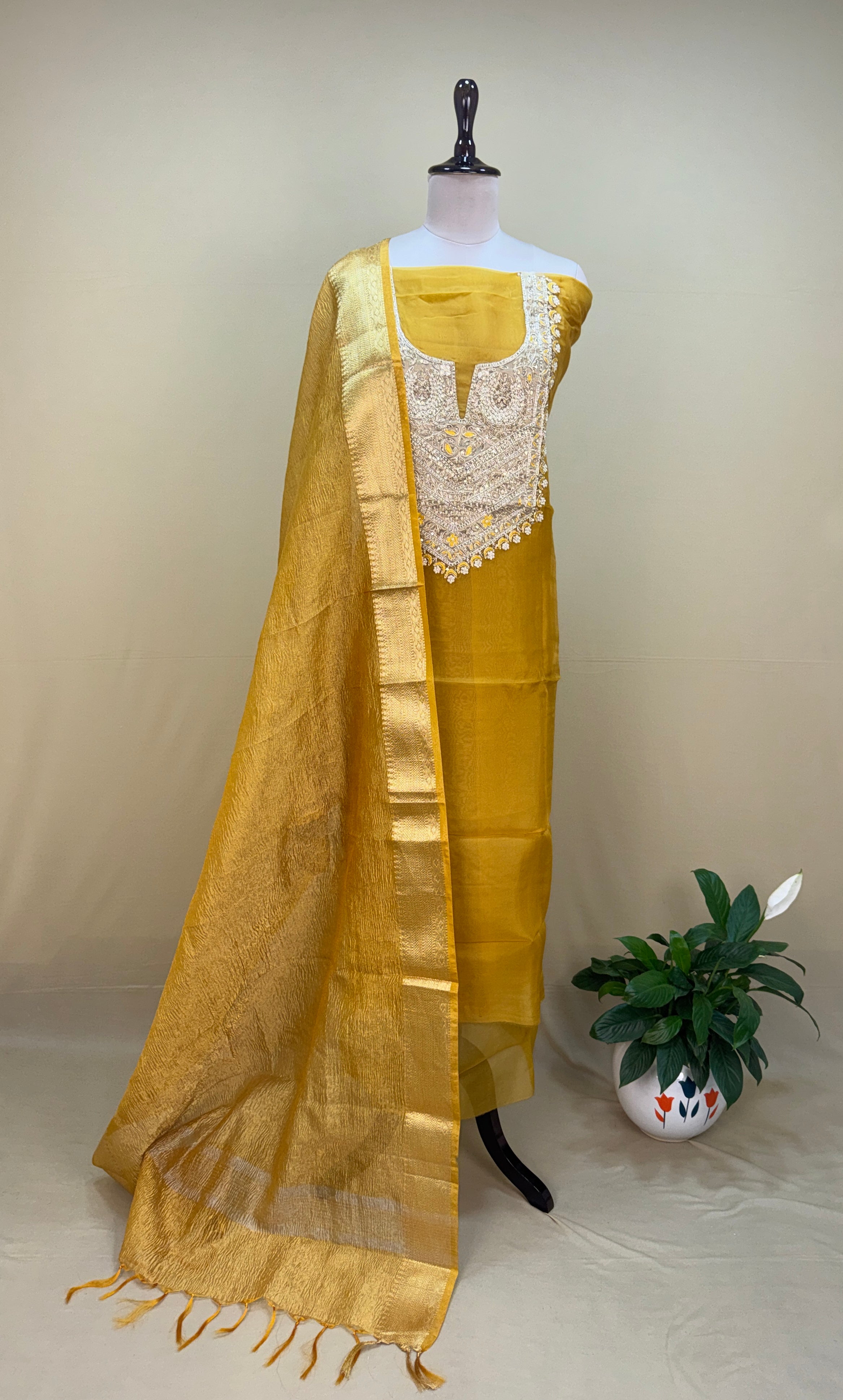 Mustard with Zardozi, Bead, and Sequin Hand Embroidery Work Unstitched Suit - Kalamusk