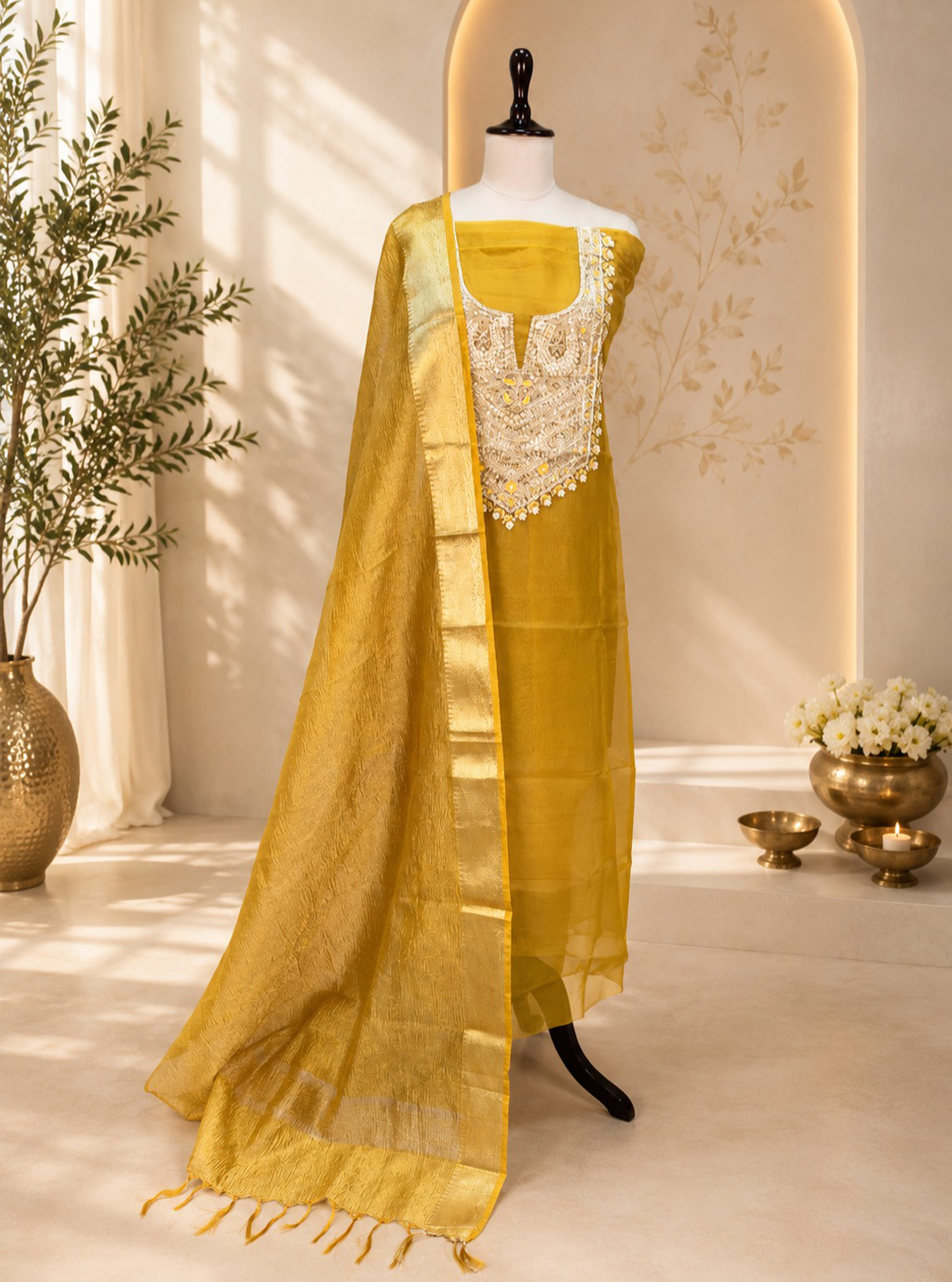 Mustard with Zardozi, Bead, and Sequin Hand Embroidery Work Unstitched Suit