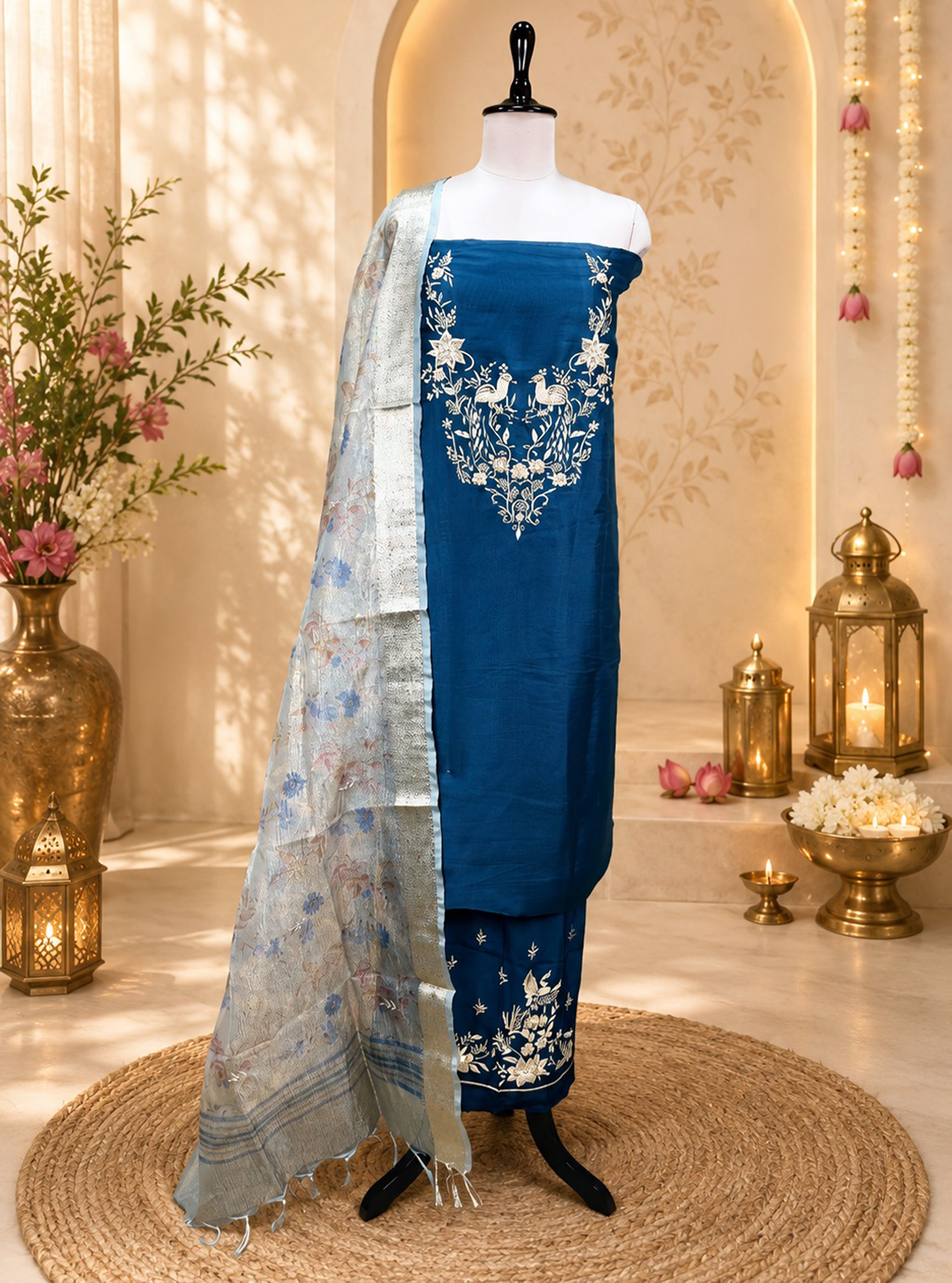 Blue Pure Organza Traditional Indian Zardozi Hand Embroidery Work Often Used For Ethnic Wear Unstitched Suit