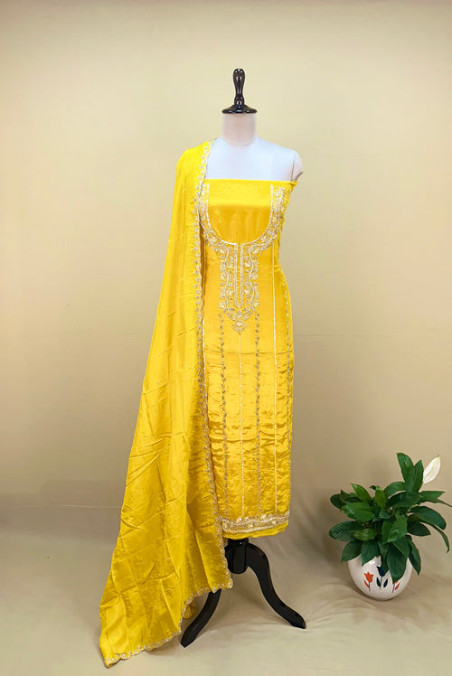 Crepe Yellow Color with Pearl, Cutdana, Handwork Unstitched Suit - Kalamusk GPA133