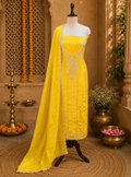 Crepe Yellow Color with Pearl, Cutdana, Handwork Unstitched Suit