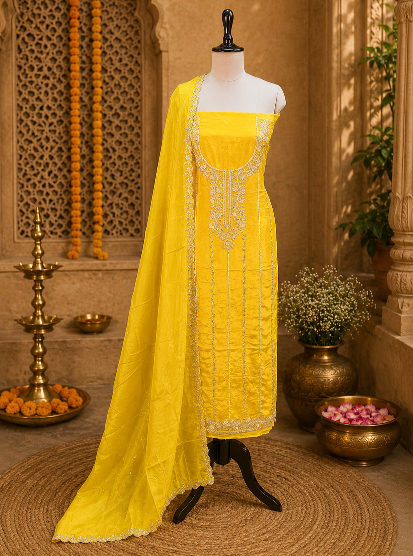 Crepe Yellow Color with Pearl, Cutdana, Handwork Unstitched Suit
