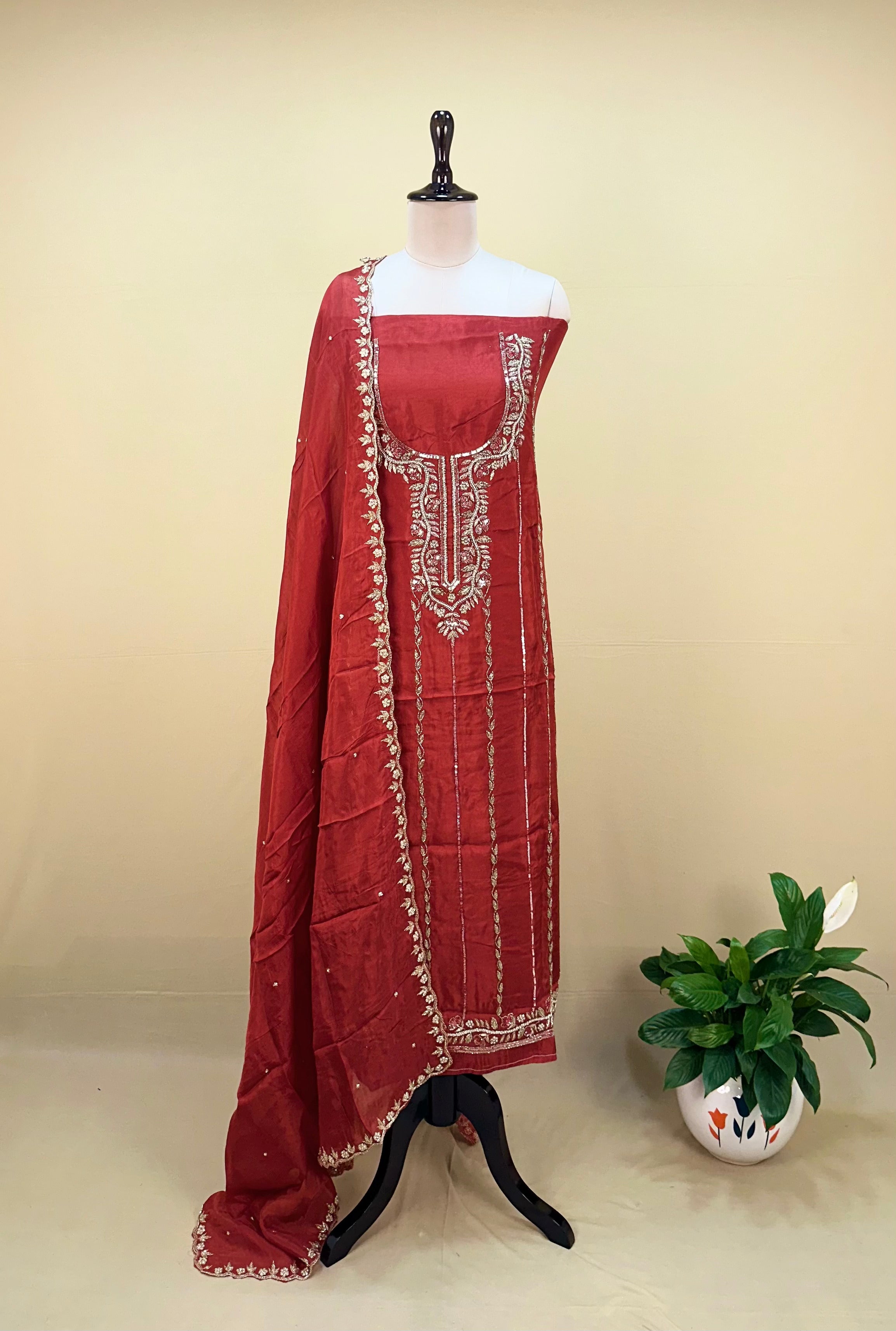 Crepe Red Color with Pearl, Cutdana, Handwork Unstitched Suit - Kalamusk GPA134