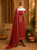 Crepe Red Color with Pearl, Cutdana, Handwork Unstitched Suit