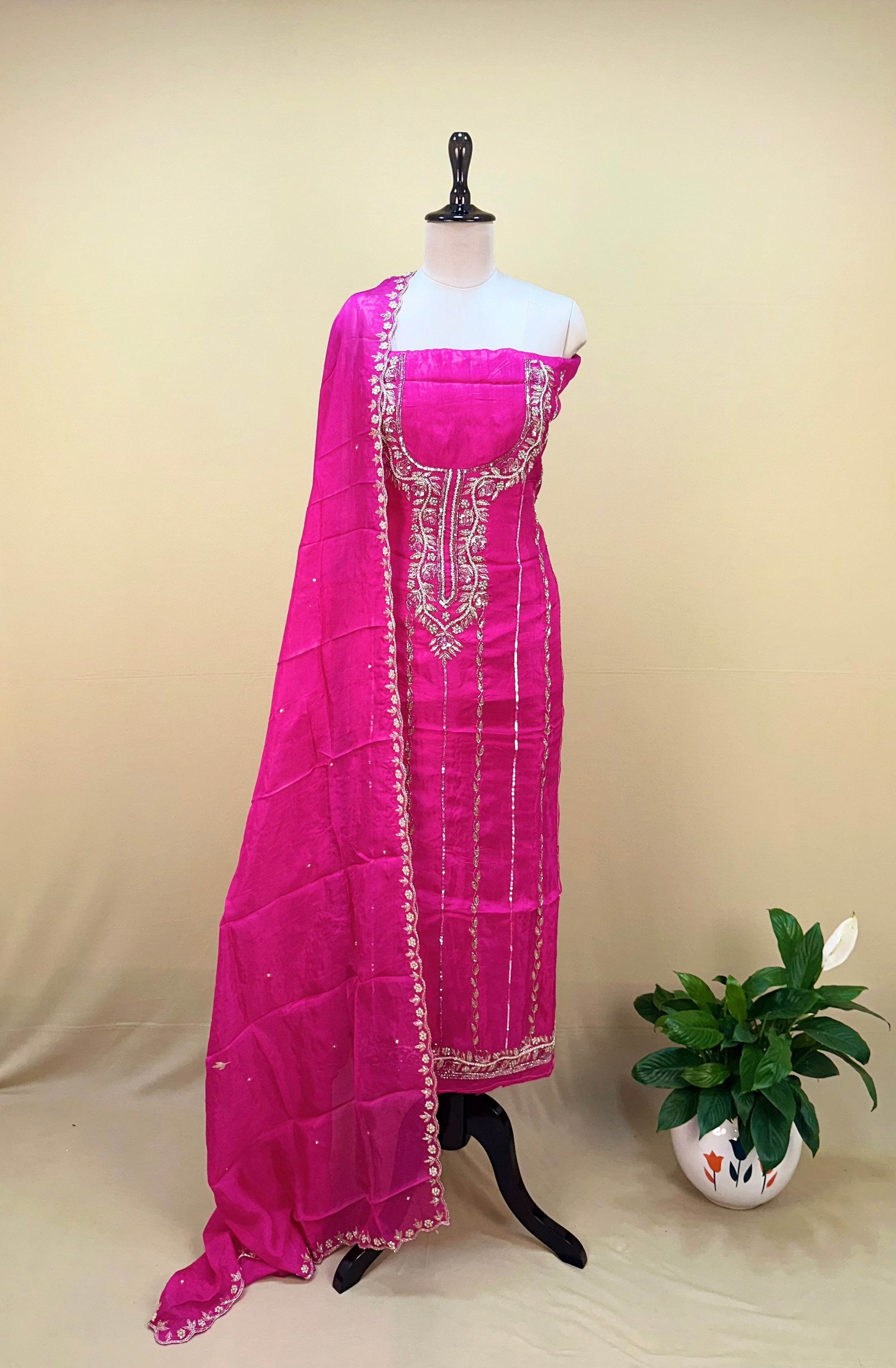 Crepe Hot Pink Color with Pearl, Cutdana, Handwork Unstitched Suit - Kalamusk GPA135