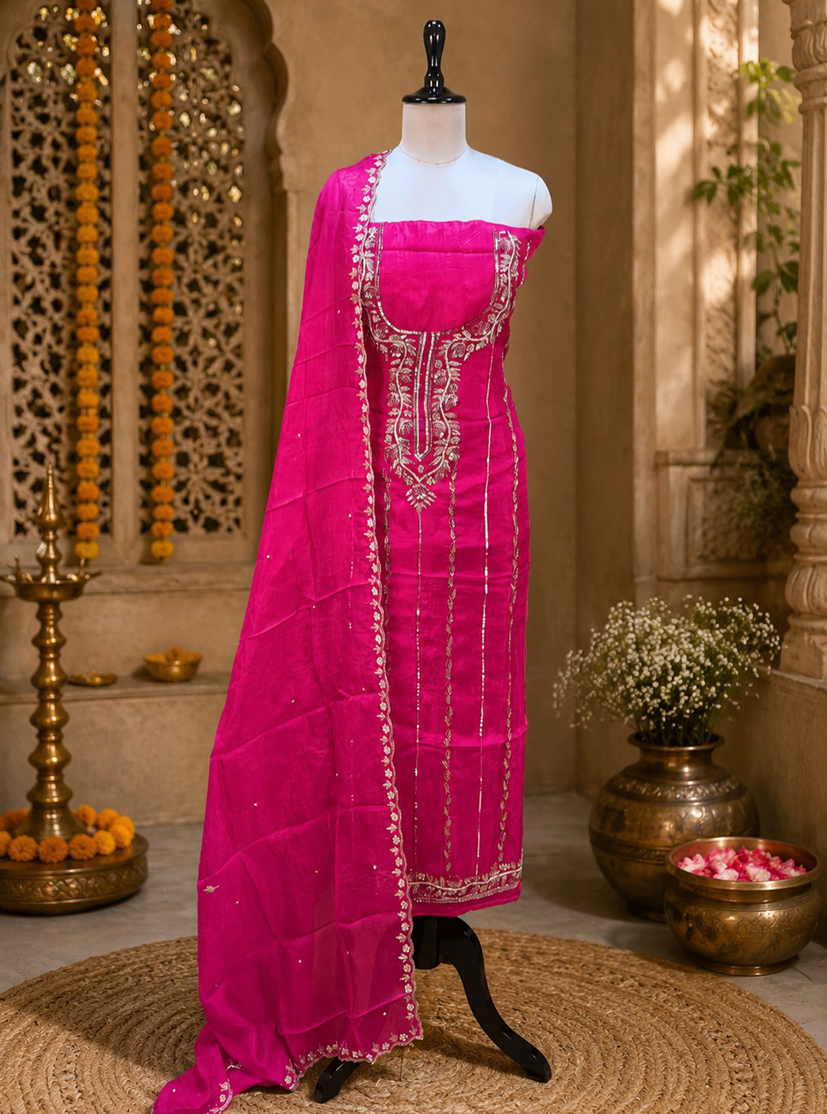 Crepe Hot Pink Color with Pearl, Cutdana, Handwork Unstitched Suit