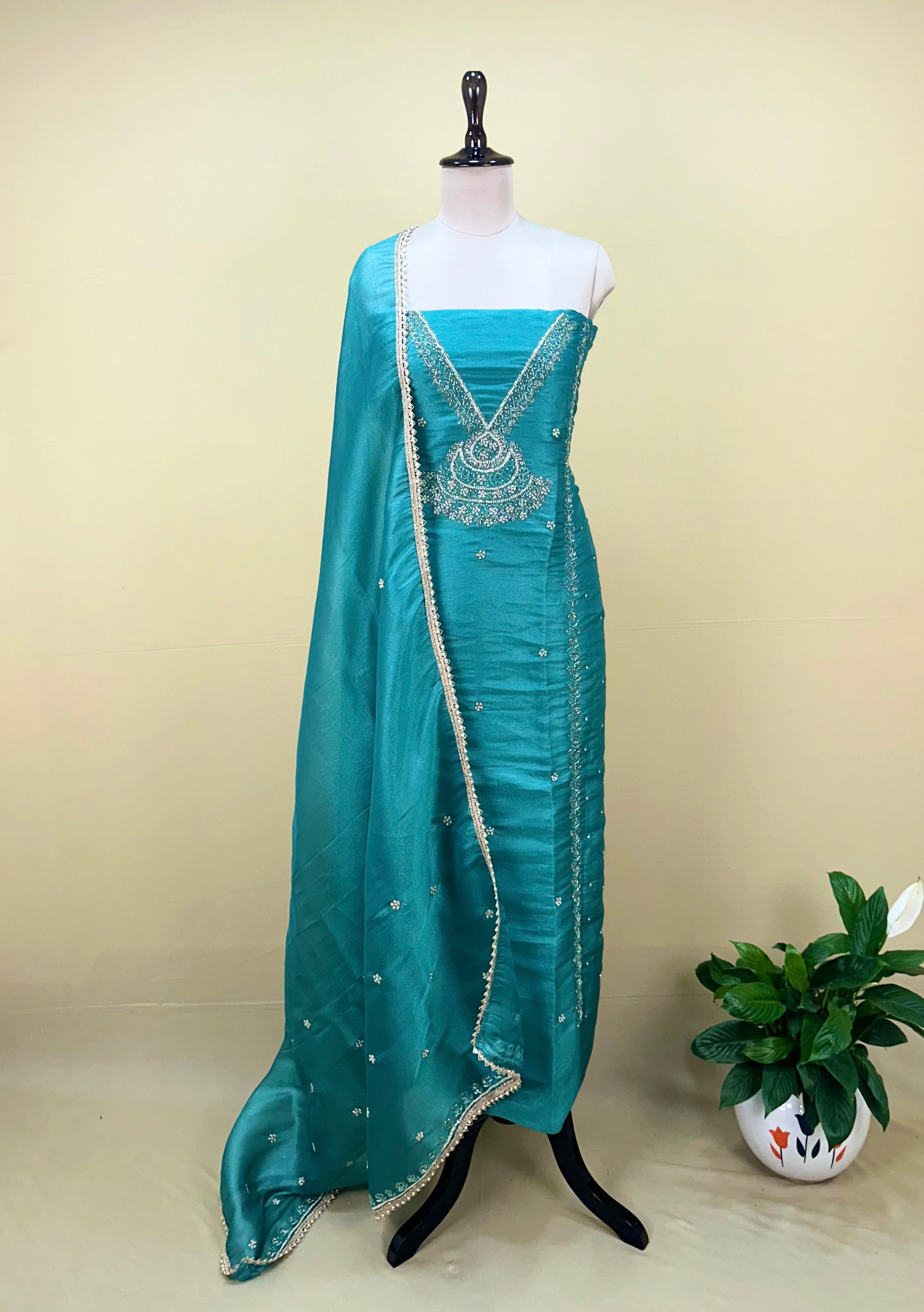 Crepe Royal Blue Color with Pearl, Cutdana, Handwork Unstitched Suit - Kalamusk GPA136