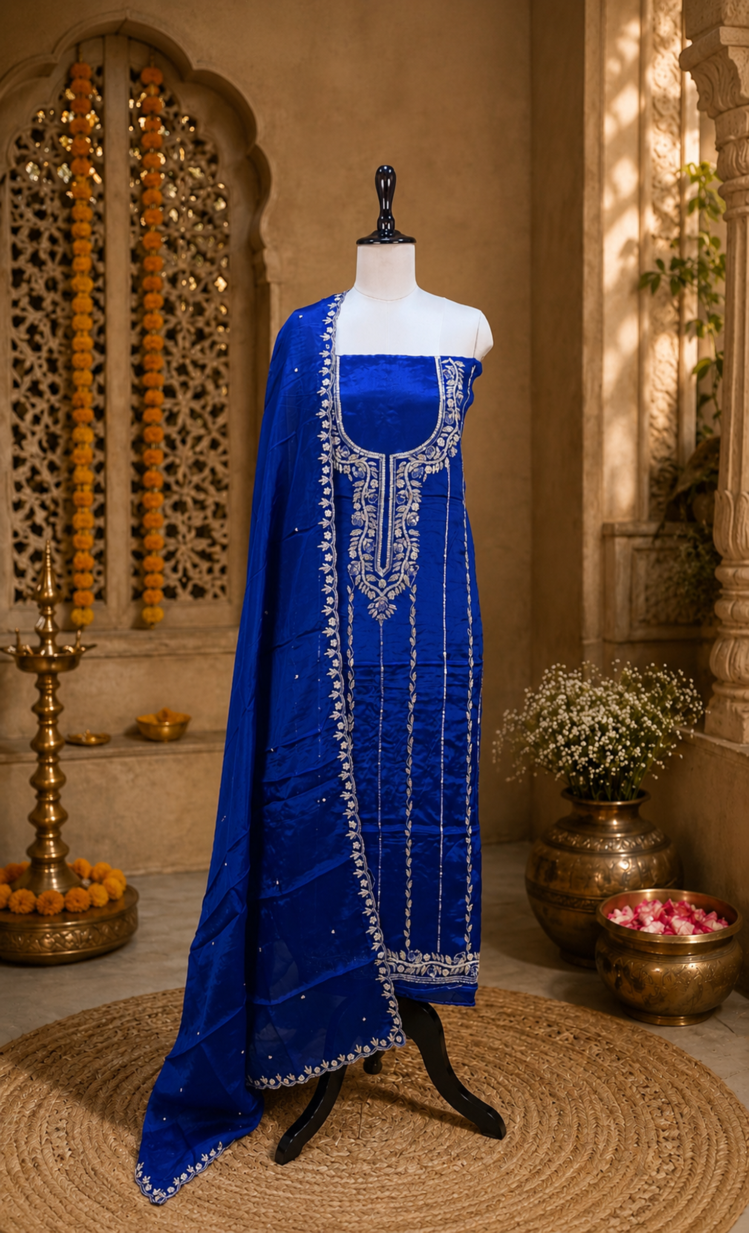 Royal Blue Color Organza with Pearl, Cutdana, Handwork Unstitched Suit