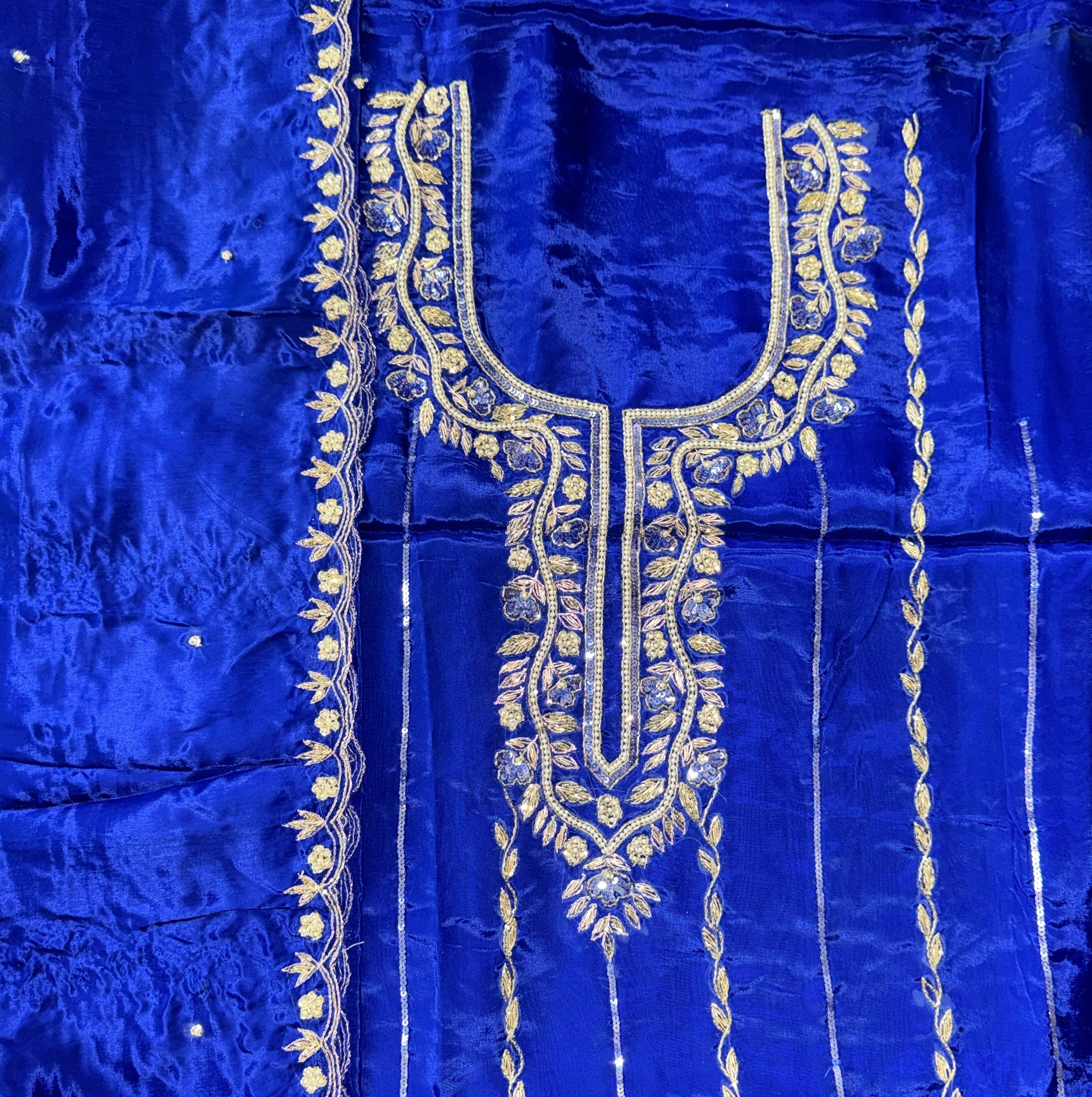 Royal Blue Color Organza with Pearl, Cutdana, Handwork Unstitched Suit
