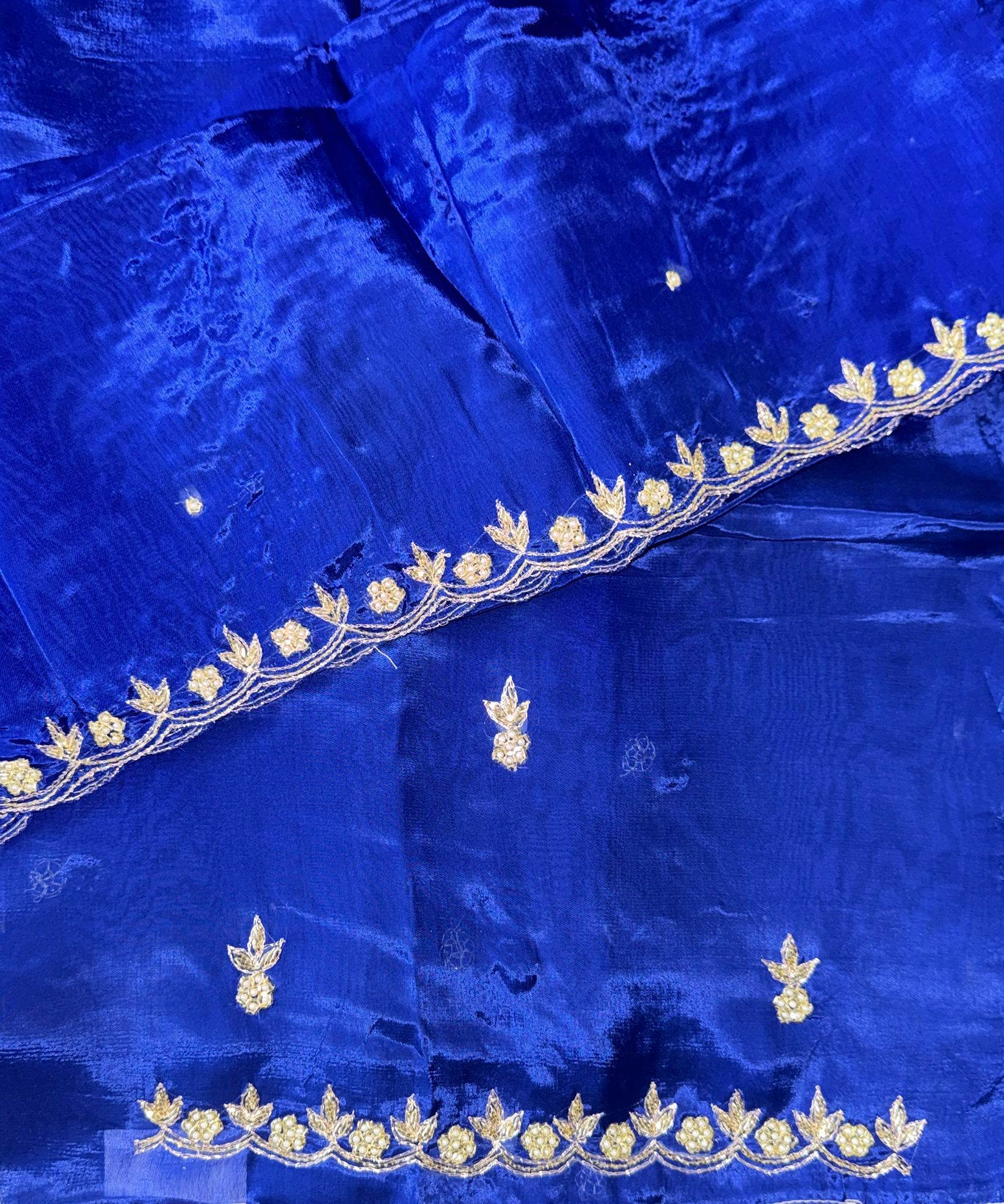 Royal Blue Color Organza with Pearl, Cutdana, Handwork Unstitched Suit