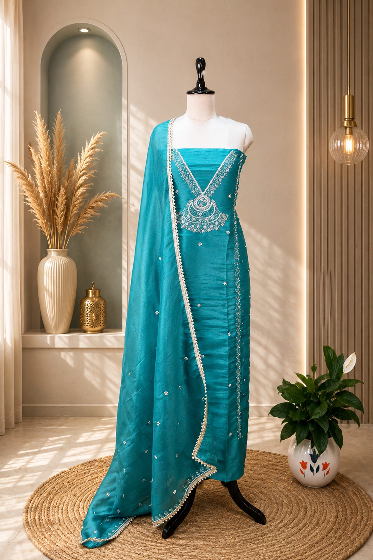 Ocean Green Color Organza with Pearl, Cutdana, Handwork Unstitched Suit