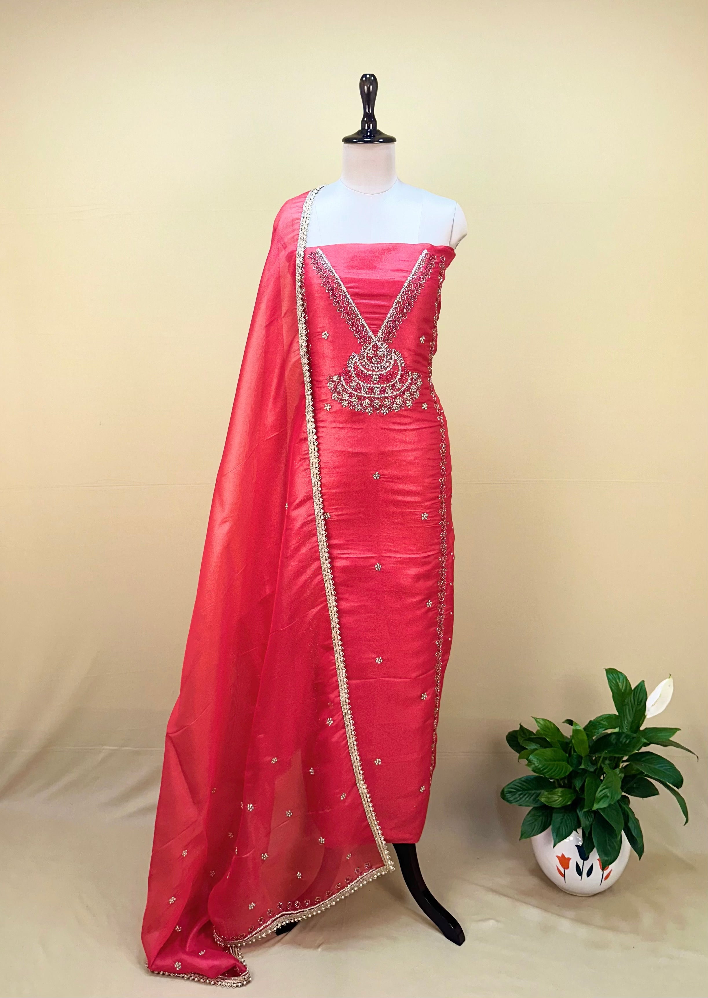 Red Color Organza with Pearl, Cutdana, Handwork Unstitched Suit - Kalamusk GPA138