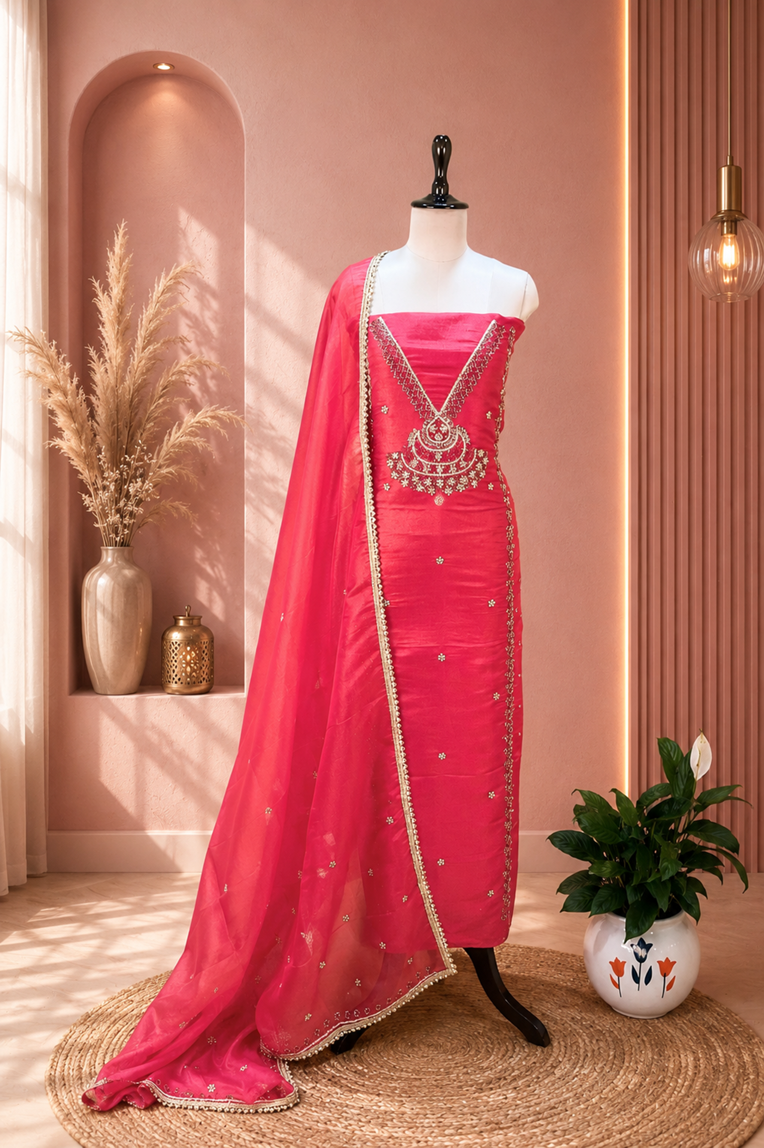 Red Color Organza with Pearl, Cutdana, Handwork Unstitched Suit