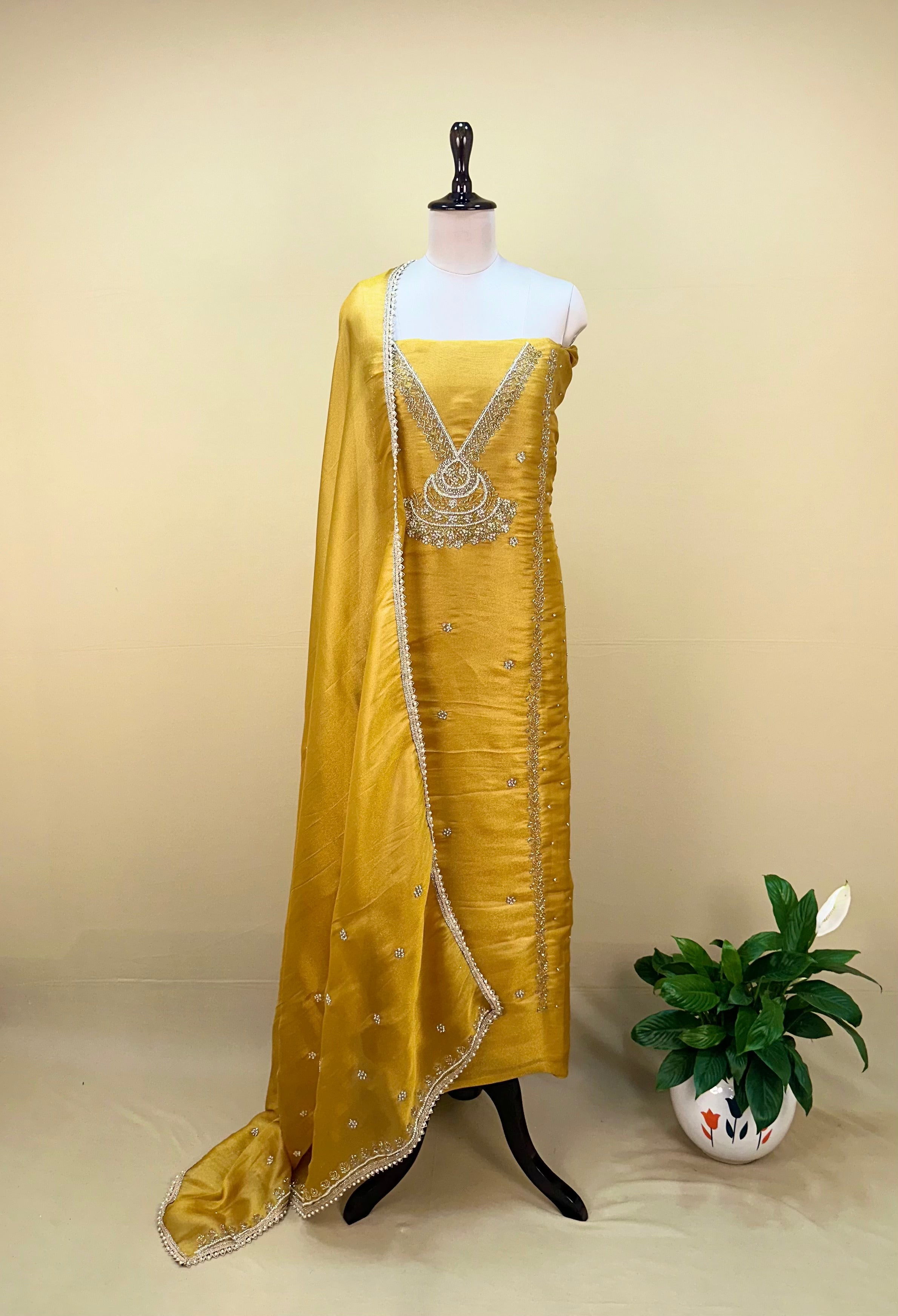 Yellow Organza with Pearl, Cutdana, Handwork Unstitched Suit - Kalamusk GPA139