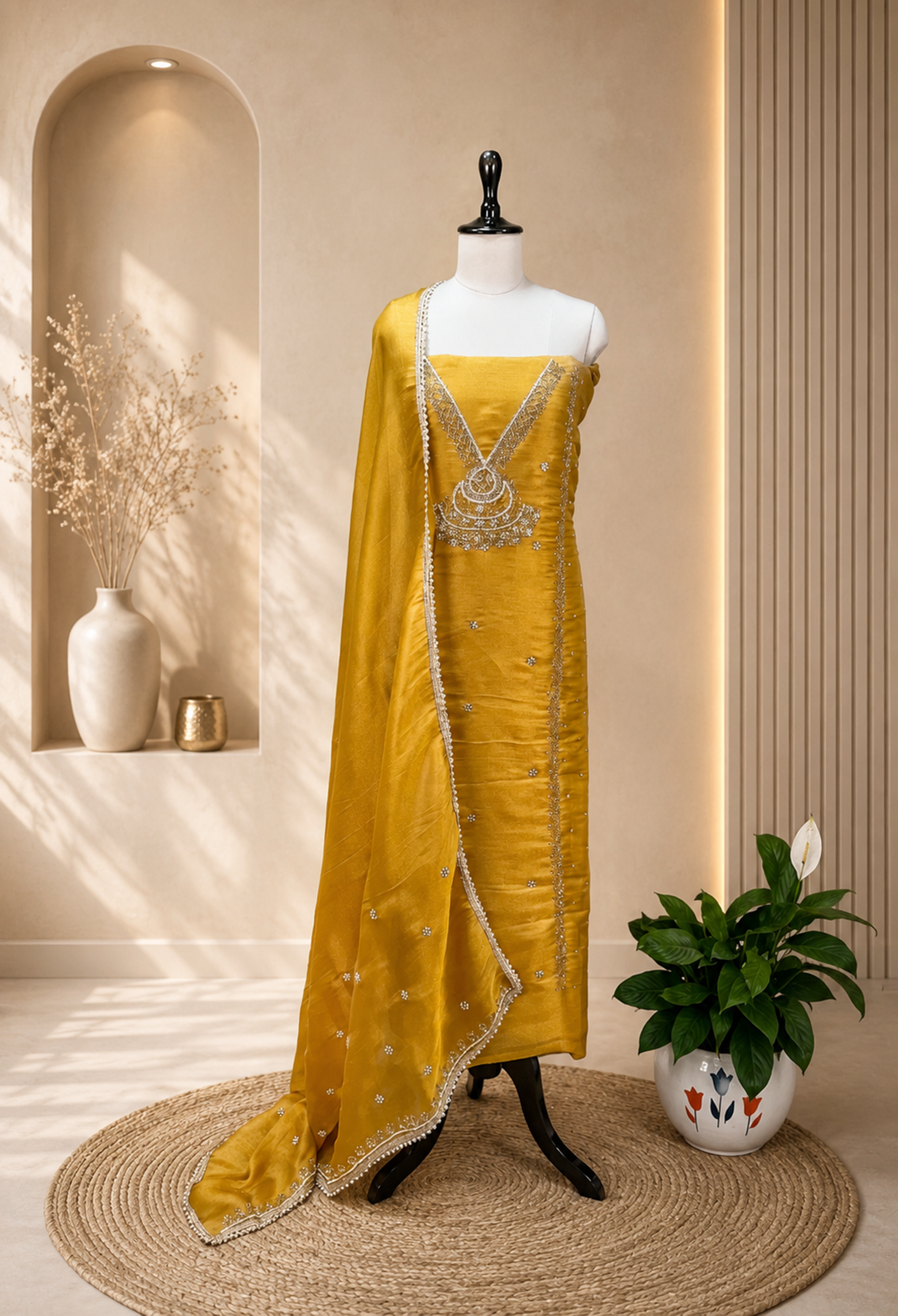 Yellow Organza with Pearl, Cutdana, Handwork Unstitched Suit