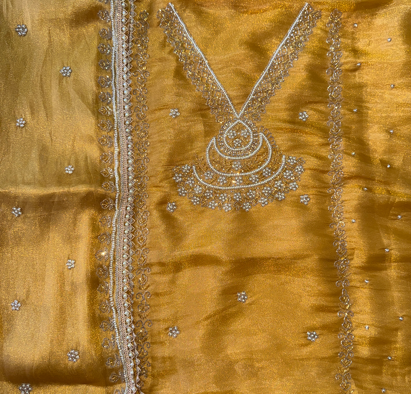 Yellow Organza with Pearl, Cutdana, Handwork Unstitched Suit