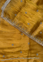 Yellow Organza with Pearl, Cutdana, Handwork Unstitched Suit