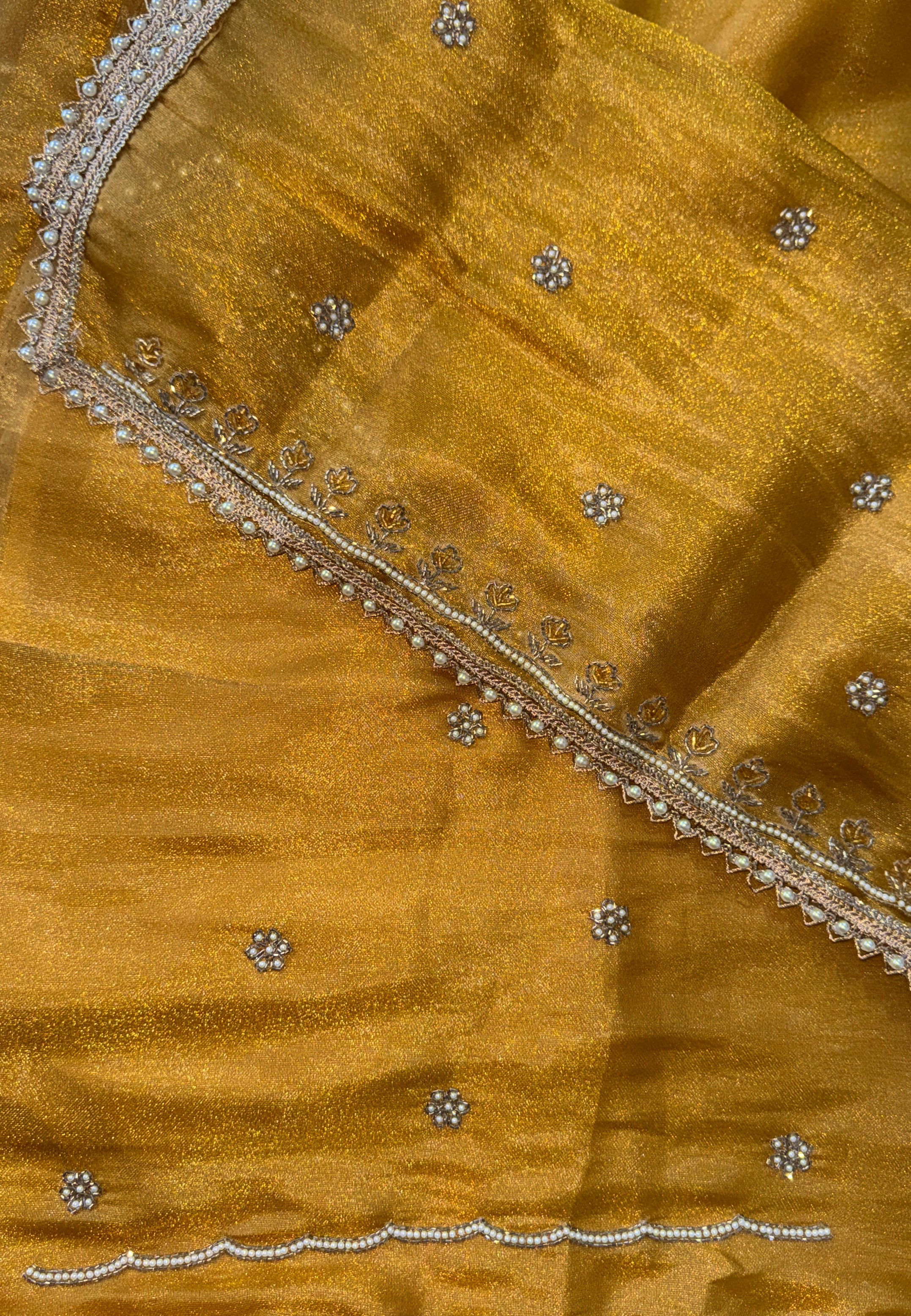 Yellow Organza with Pearl, Cutdana, Handwork Unstitched Suit