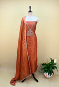 Rust Color Organza with Pearl, Cutdana, Handwork Unstitched Suit - Kalamusk GPA140