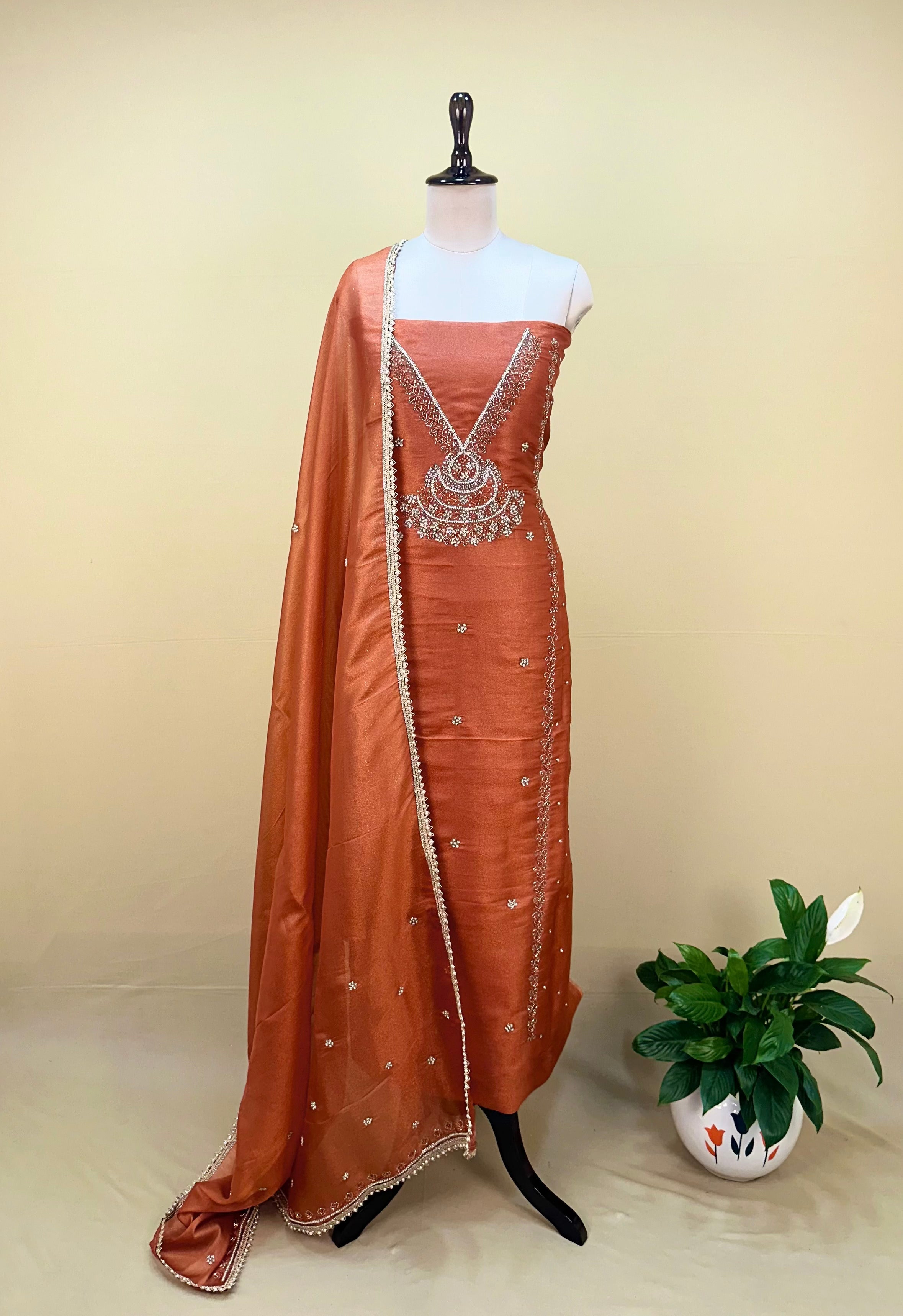 Rust Color Organza with Pearl, Cutdana, Handwork Unstitched Suit - Kalamusk GPA140